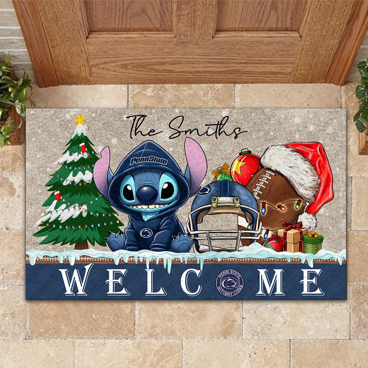 Sportswearmerch Penn State Nittany Lions NCAA x Cute Stitch Christmas Doormat For Fan