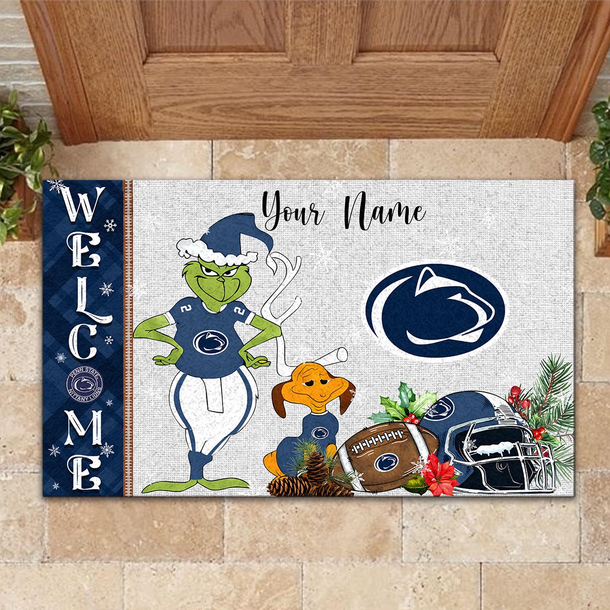 Sportswearmerch Penn State Nittany Lions NCAA x Grinch Christmas Welcome Football Doormat For Fan