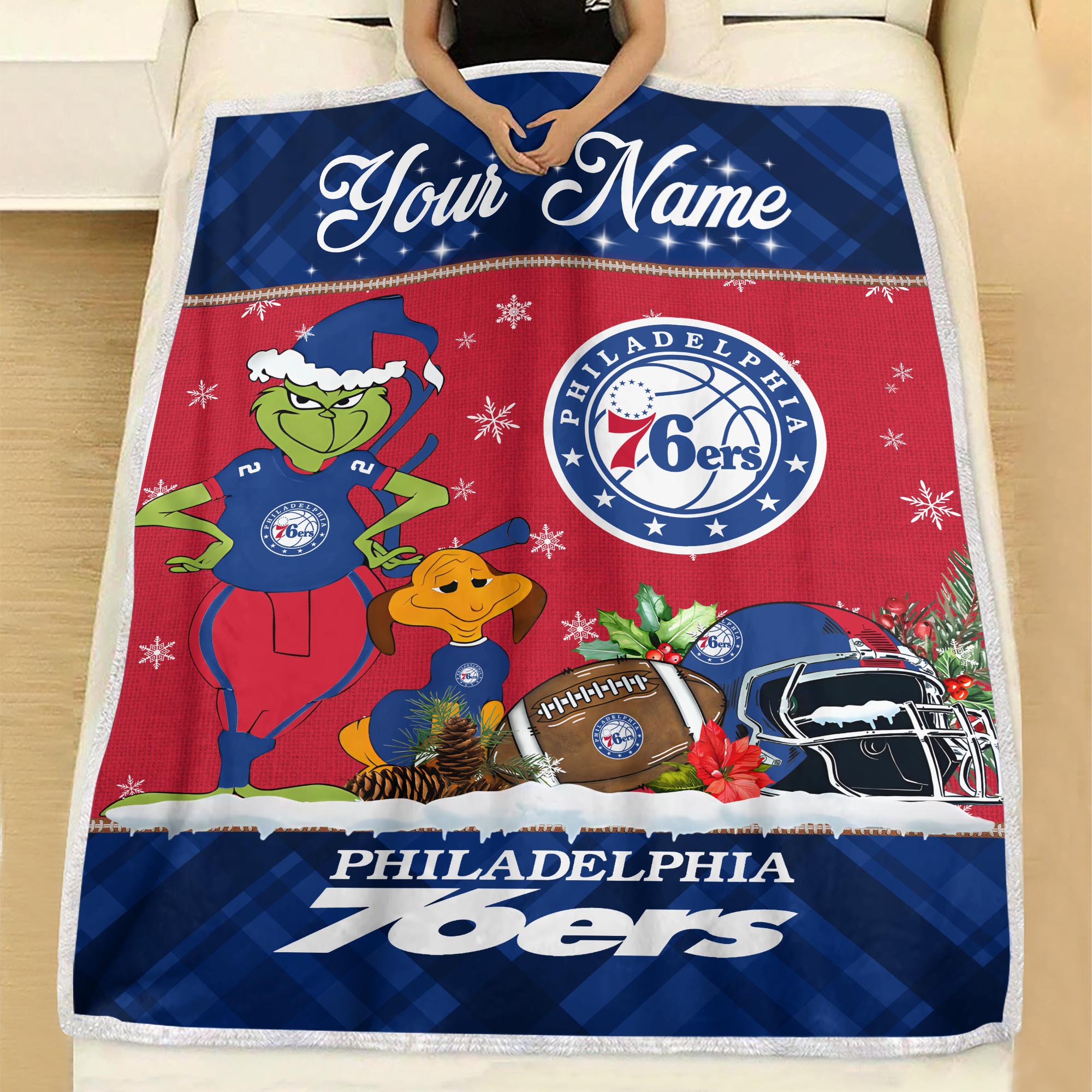Sportswearmerch Philadelphia 76ers NBA x Grinch Christmas Fleece Blanket For Fan