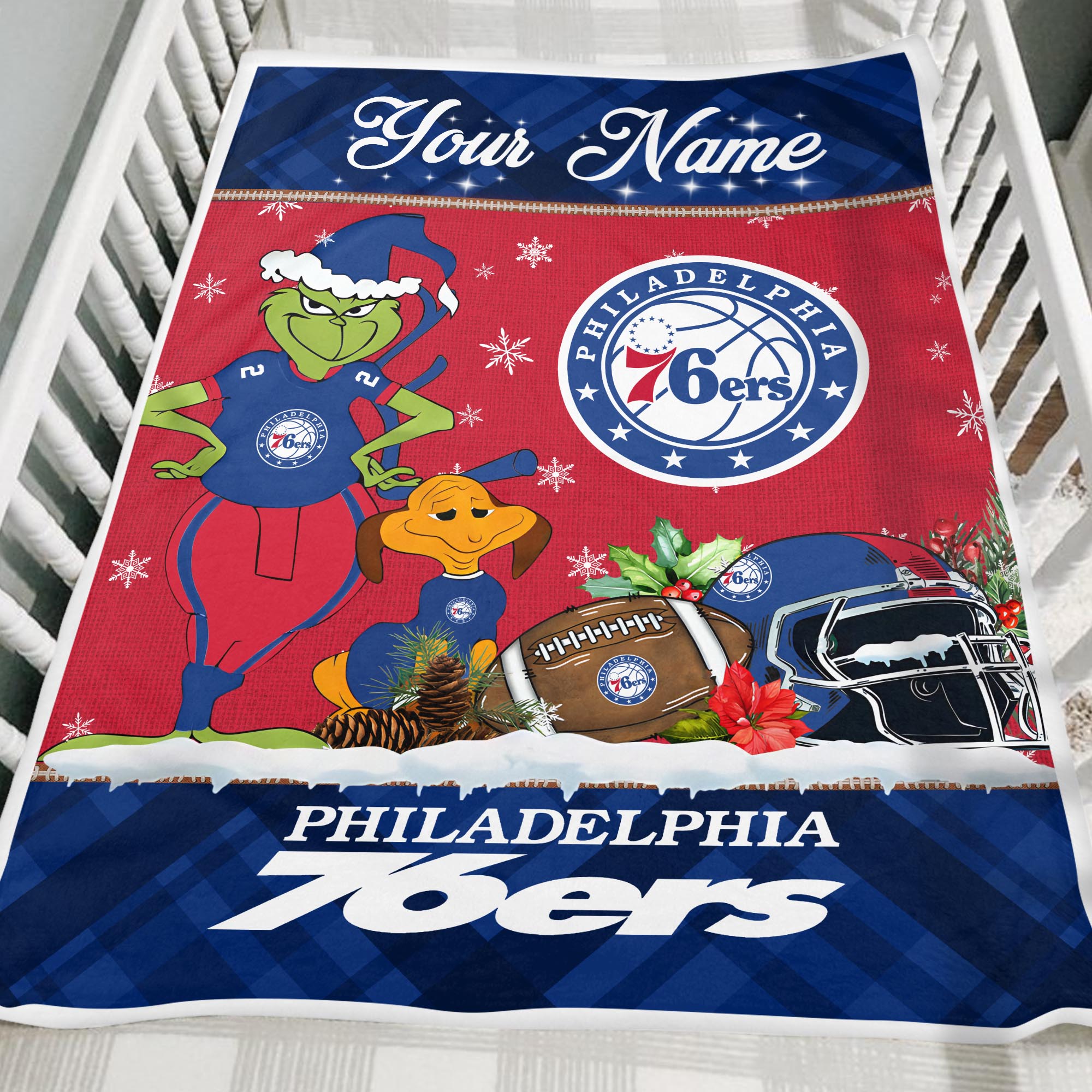 Sportswearmerch Philadelphia 76ers NBA x Grinch Christmas Fleece Blanket For Fan