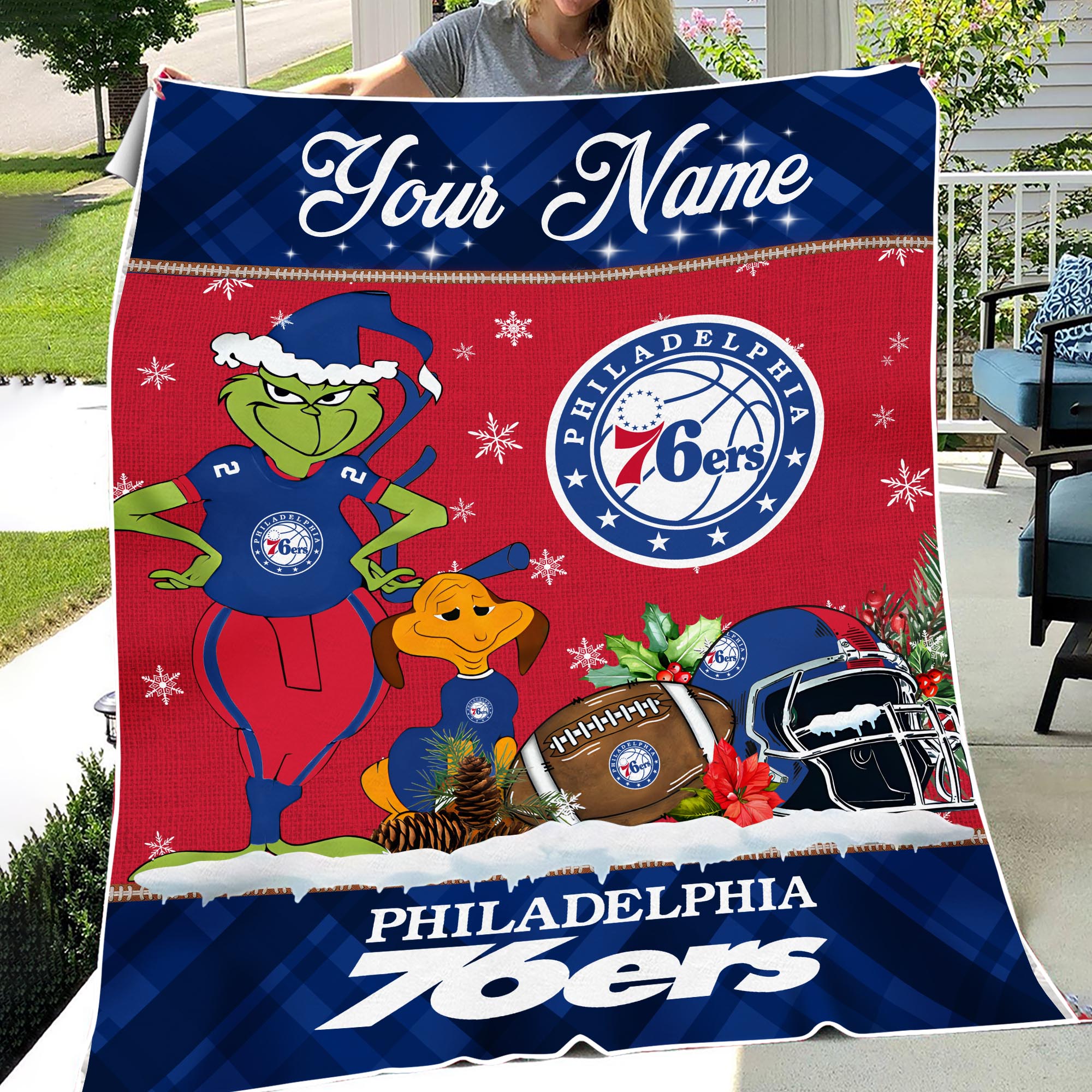 Sportswearmerch Philadelphia 76ers NBA x Grinch Christmas Fleece Blanket For Fan