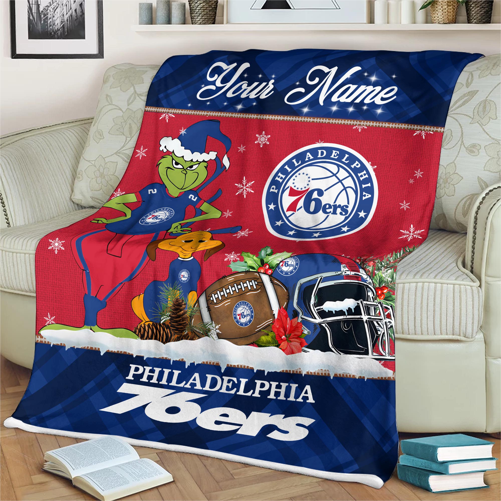 Sportswearmerch Philadelphia 76ers NBA x Grinch Christmas Fleece Blanket For Fan