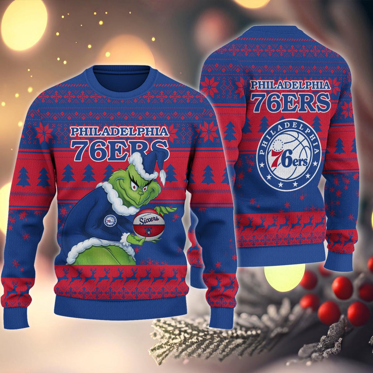 Sportswearmerch Philadelphia 76ers NBA x Grinch Christmas Ugly Sweater For Fans