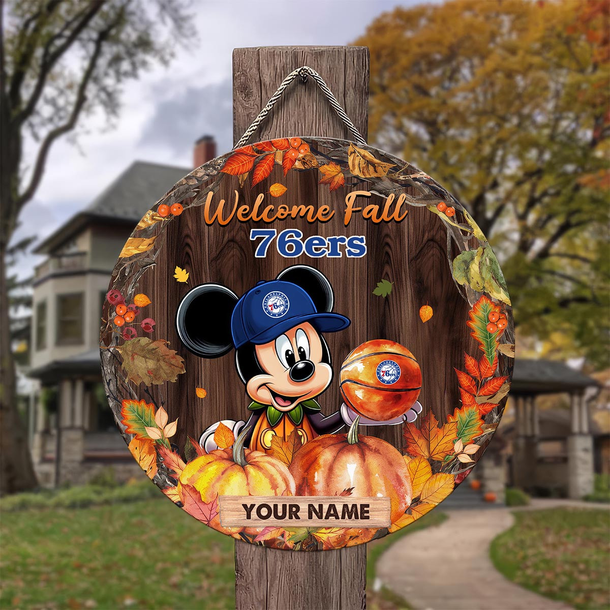 Sportswearmerch Philadelphia 76ers NBA x Mickey Round Wooden Sign For Fan