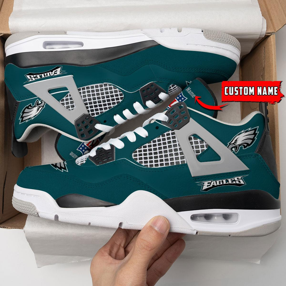Sportswearmerch Philadelphia Eagles NFL Personalized Air Jordan 4 AJ4 Sneakers Shoes For Men And Women