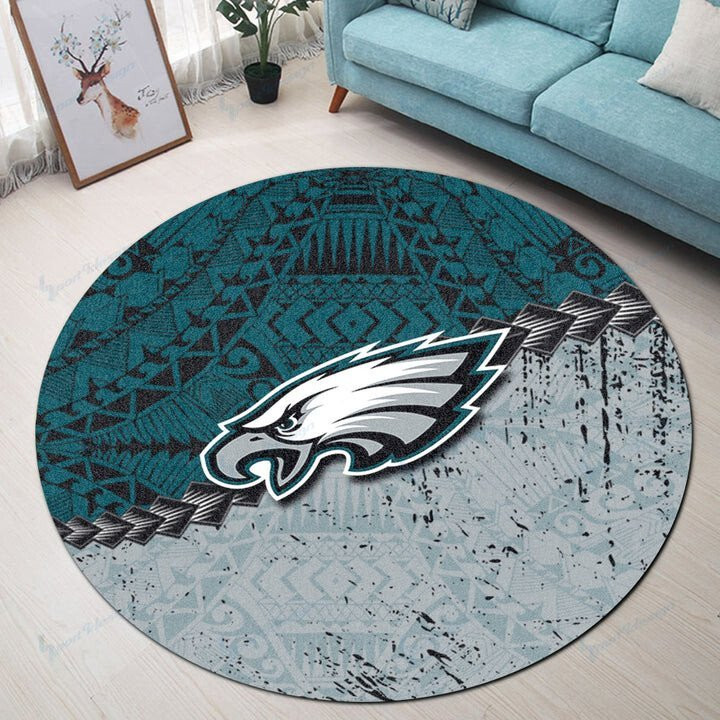 Sportswearmerch Philadelphia Eagles NFL Round Rug Grunge Polynesian For Fan