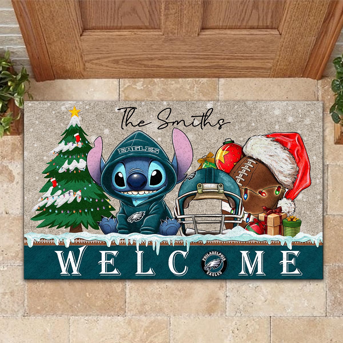 Sportswearmerch Philadelphia Eagles NFL x Cute Stitch Christmas Doormat For Fan
