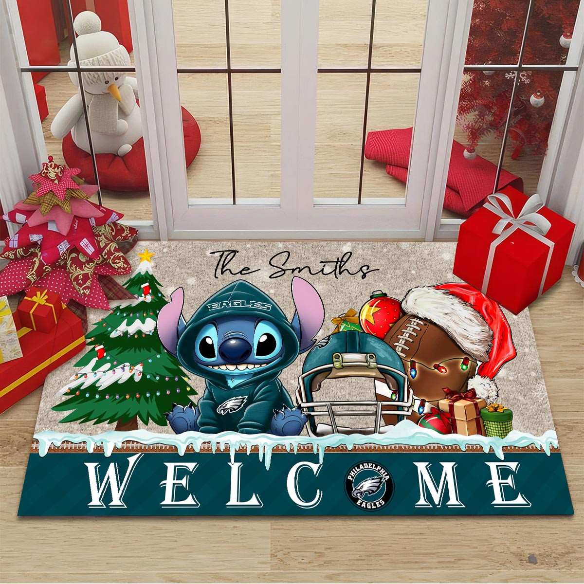 Sportswearmerch Philadelphia Eagles NFL x Cute Stitch Christmas Doormat For Fan