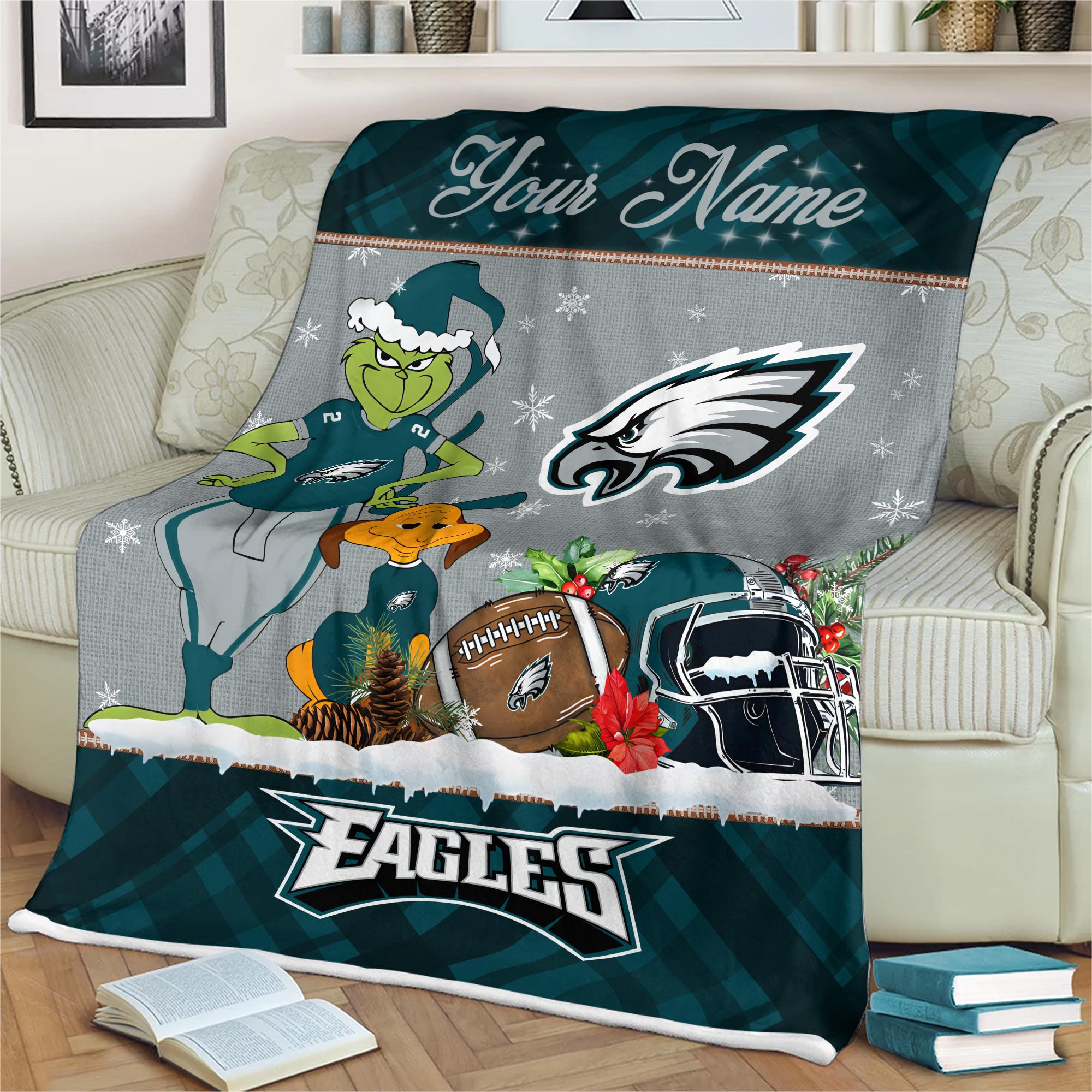 Sportswearmerch Philadelphia Eagles NFL x Grinch Christmas Fleece Blanket For Fan