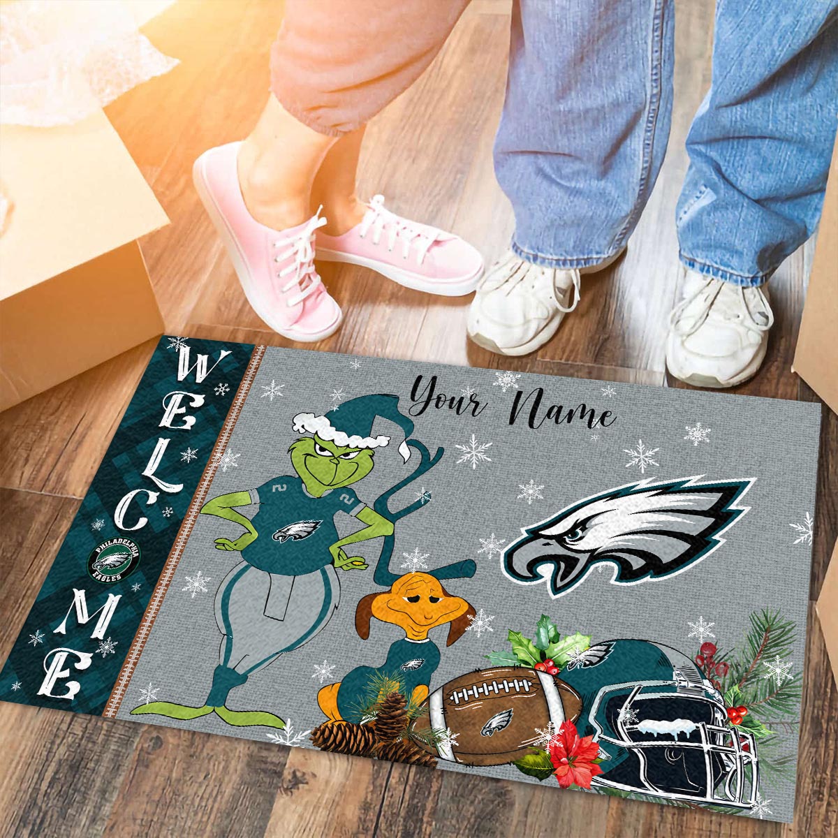 Sportswearmerch Philadelphia Eagles NFL x Grinch Christmas Welcome Football Doormat For Fan