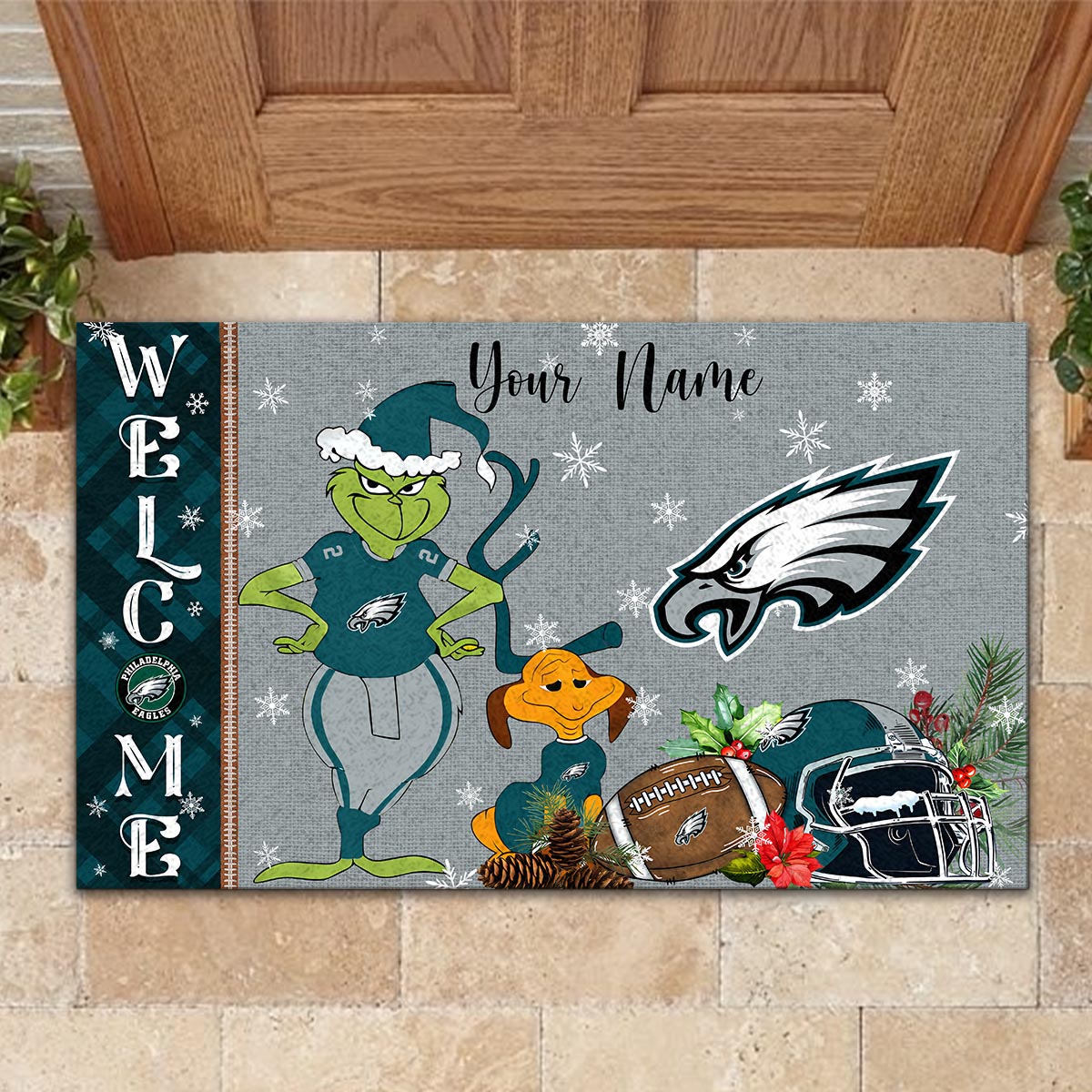Sportswearmerch Philadelphia Eagles NFL x Grinch Christmas Welcome Football Doormat For Fan