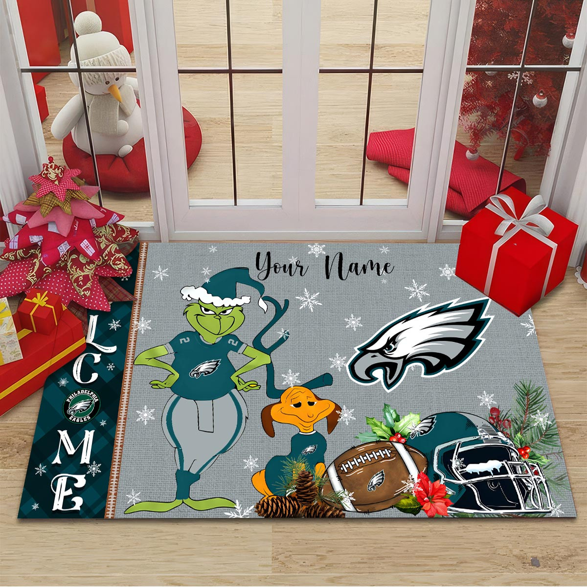 Sportswearmerch Philadelphia Eagles NFL x Grinch Christmas Welcome Football Doormat For Fan