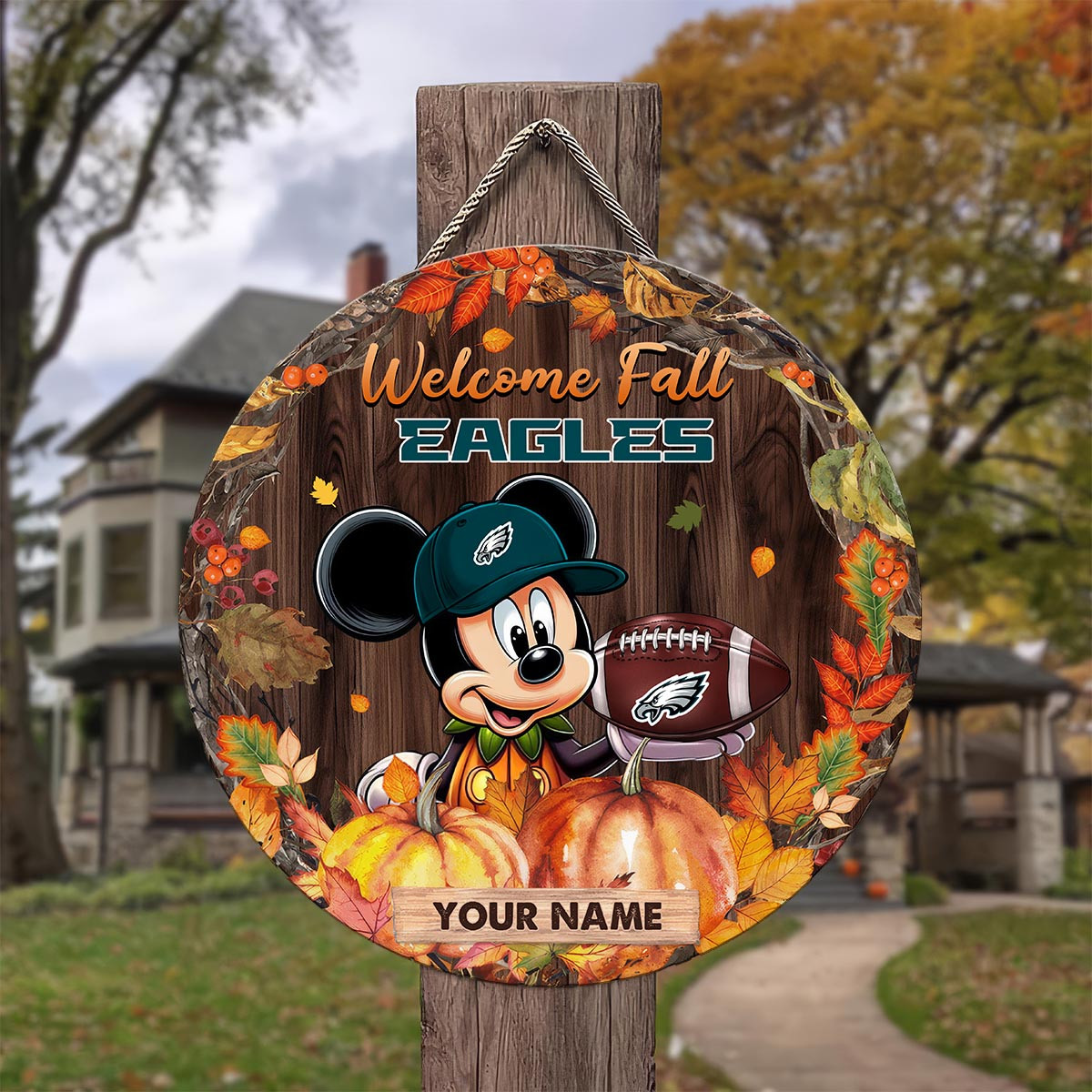Sportswearmerch Philadelphia Eagles NFL x Mickey Round Wooden Sign For Fan