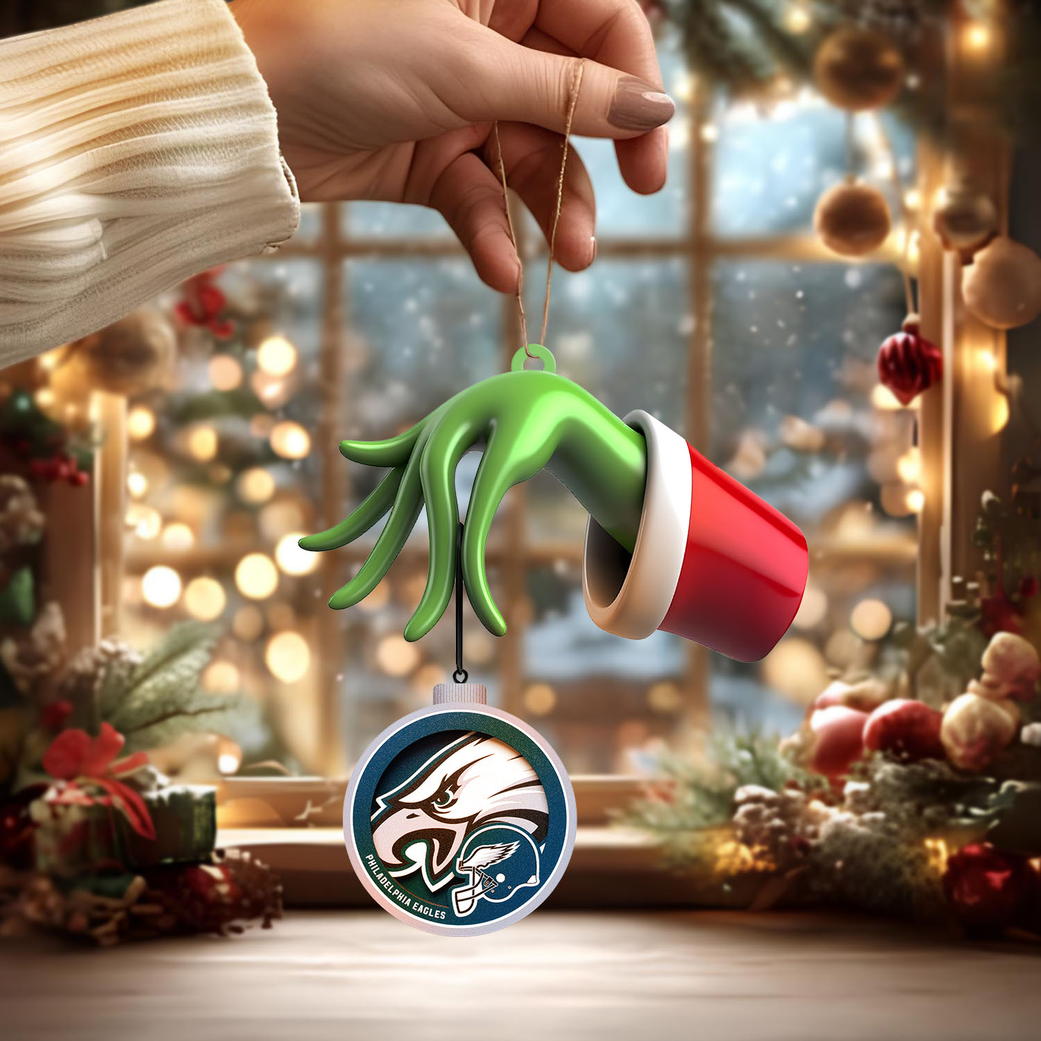 Sportswearmerch Philadelphia Eagles NFL x The Grinch Christmas Acrylic Mix Wooden Ornament Gift For Fans