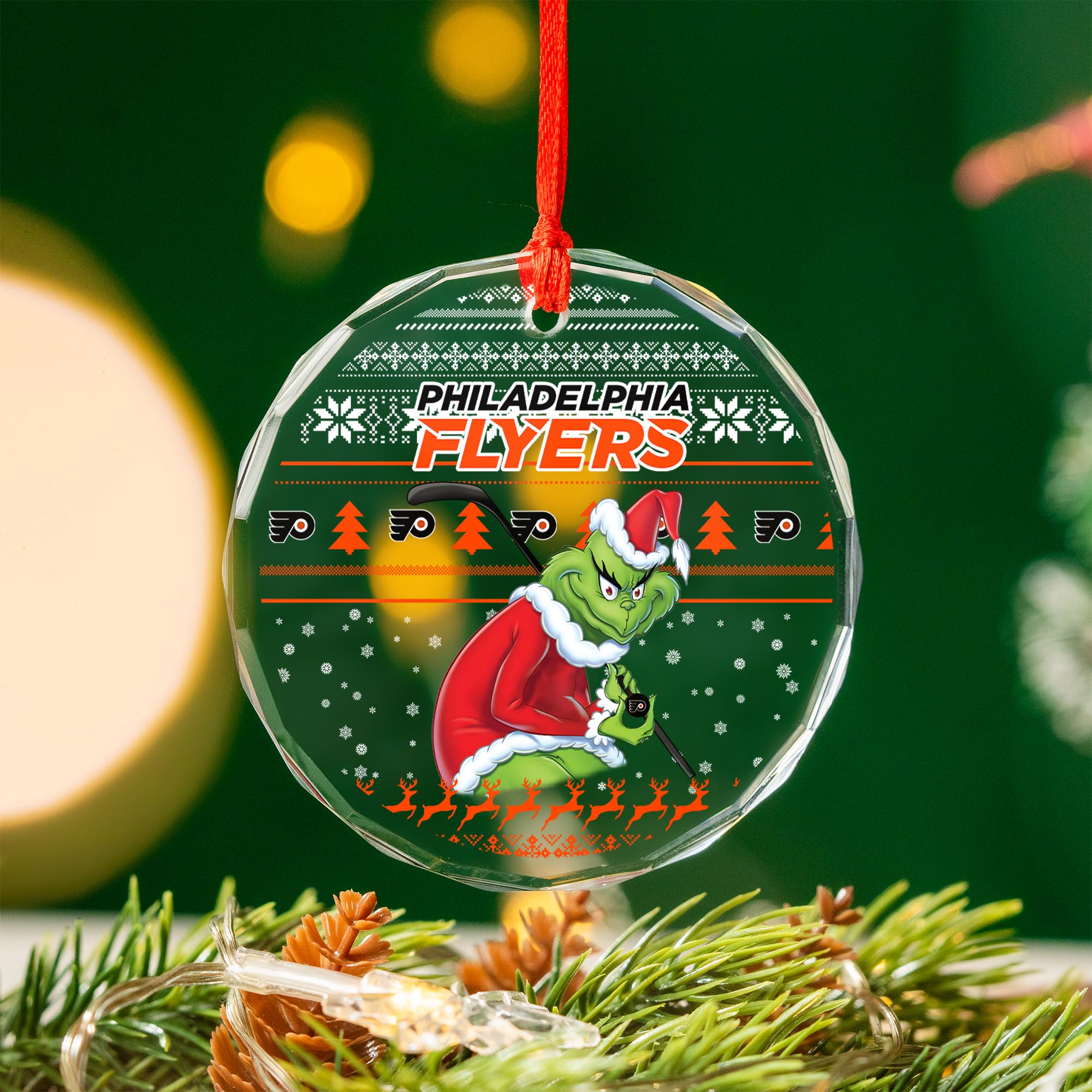 Sportswearmerch Philadelphia Flyers NHL x Grinch Christmas Glass Ornament For Fans