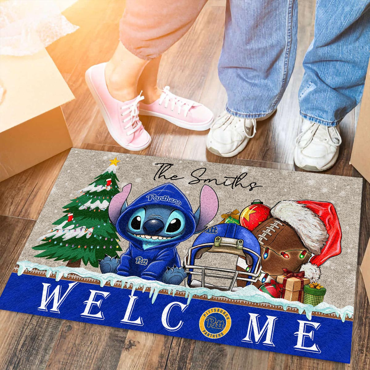 Sportswearmerch Pittsburgh Panthers NCAA x Cute Stitch Christmas Doormat For Fan