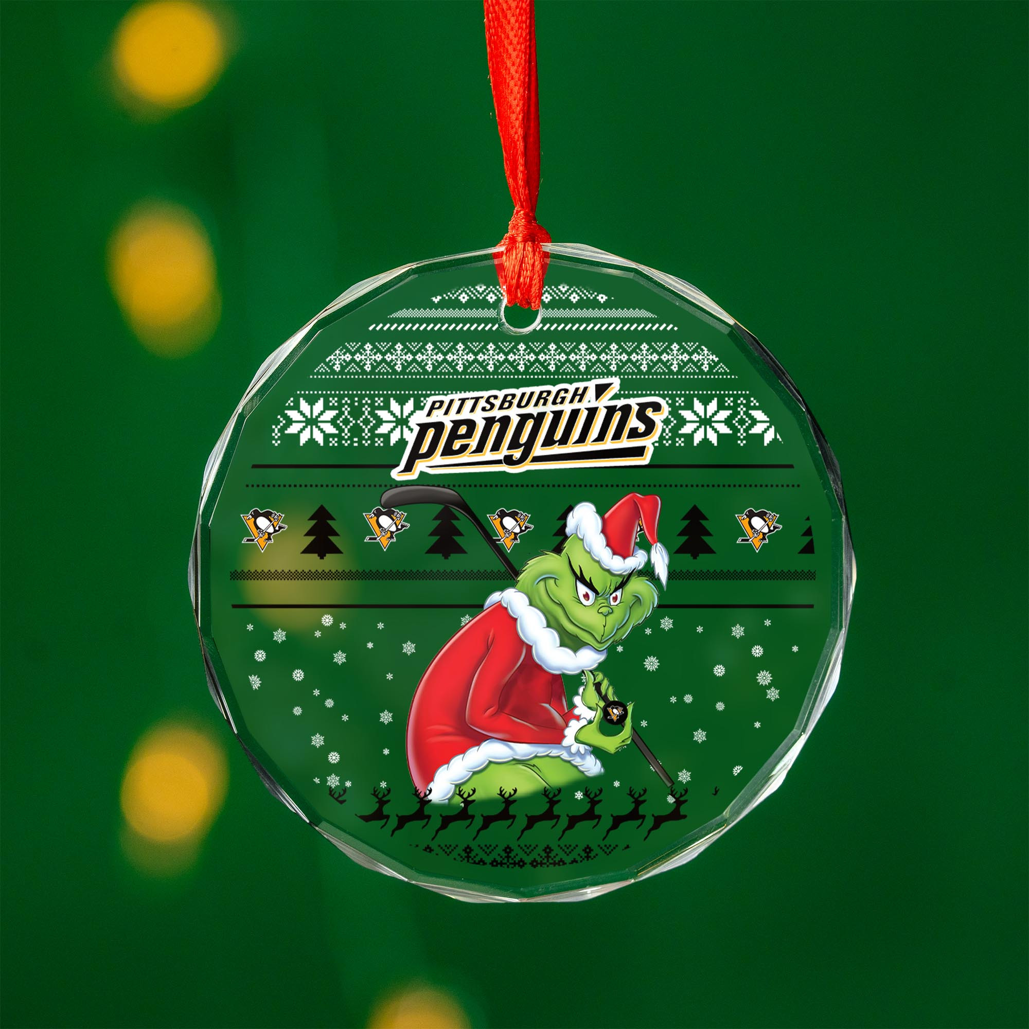 Sportswearmerch Pittsburgh Penguins NHL x Grinch Christmas Glass Ornament For Fans