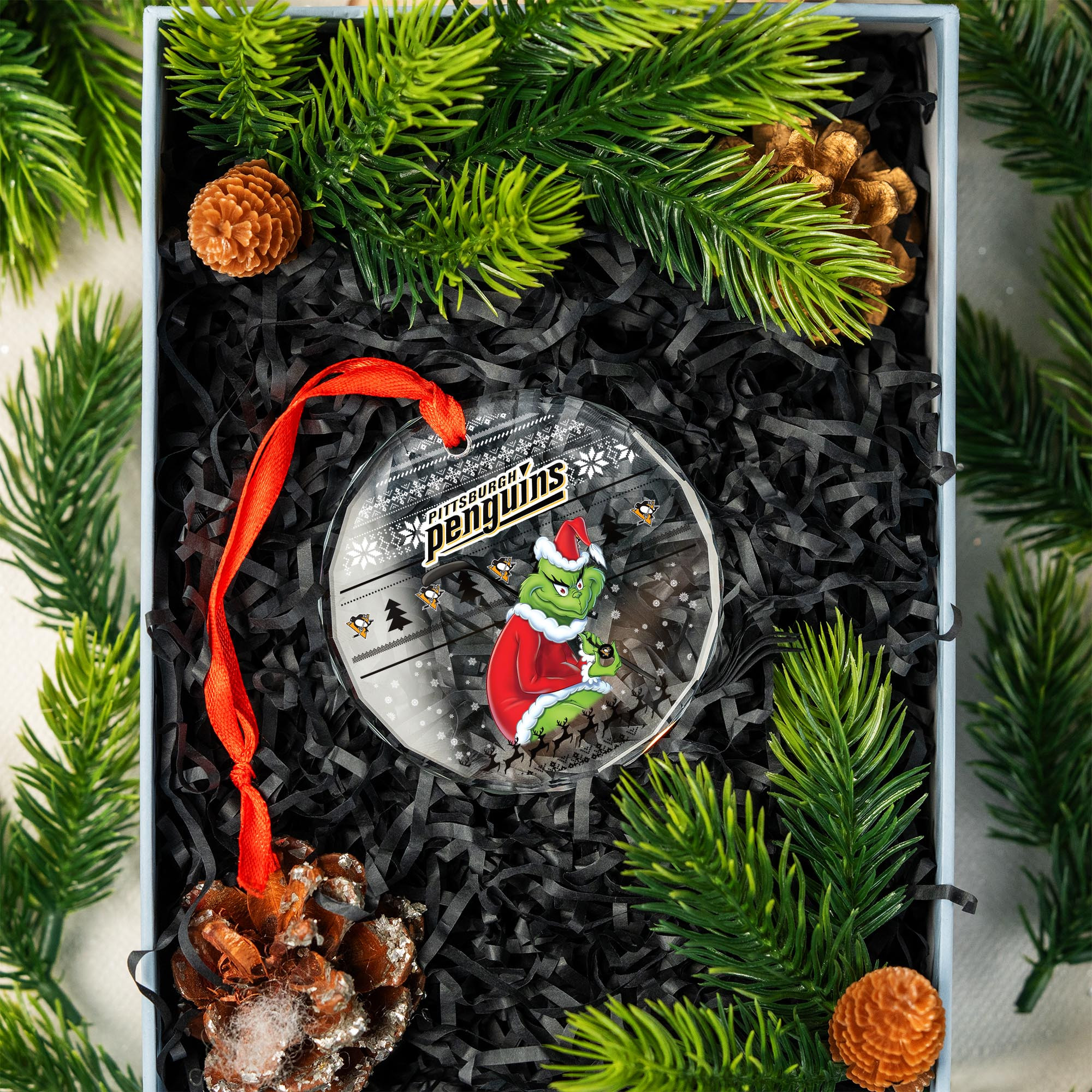 Sportswearmerch Pittsburgh Penguins NHL x Grinch Christmas Glass Ornament For Fans