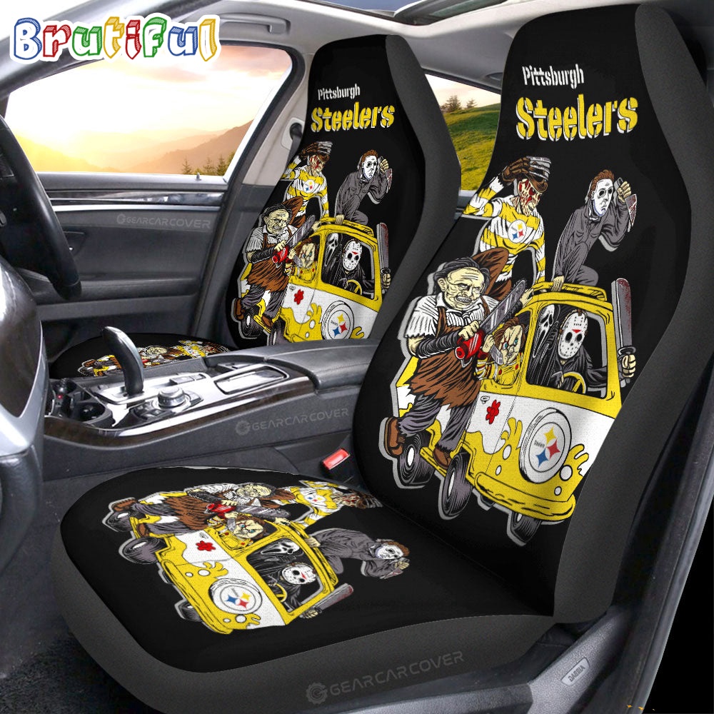 Sportswearmerch Pittsburgh Steelers NFL Horror Characters Essential Halloween Car Seat Covers For Fan
