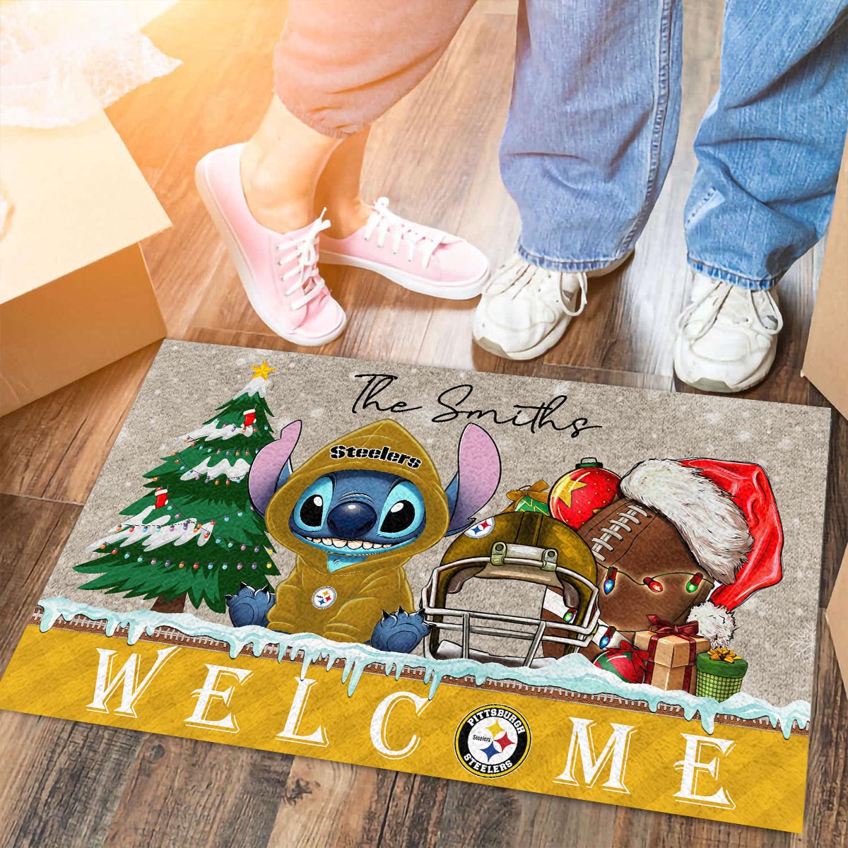 Sportswearmerch Pittsburgh Steelers NFL x Cute Stitch Christmas Doormat For Fan