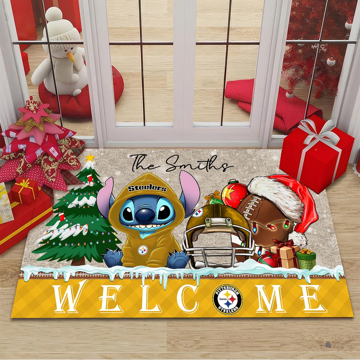 Sportswearmerch Pittsburgh Steelers NFL x Cute Stitch Christmas Doormat For Fan