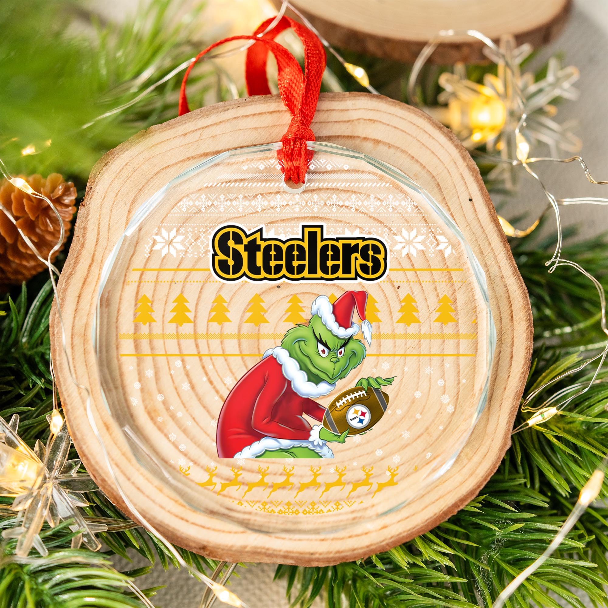 Sportswearmerch Pittsburgh Steelers NFL x Grinch Christmas Glass Ornament For Fans