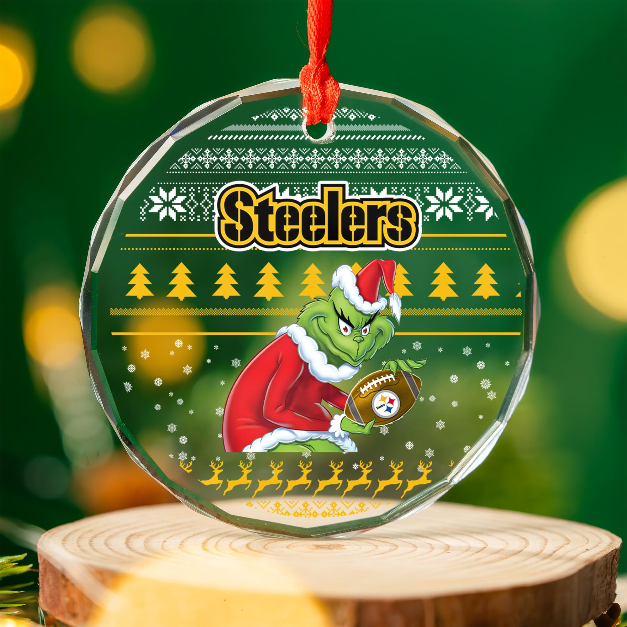 Sportswearmerch Pittsburgh Steelers NFL x Grinch Christmas Glass Ornament For Fans