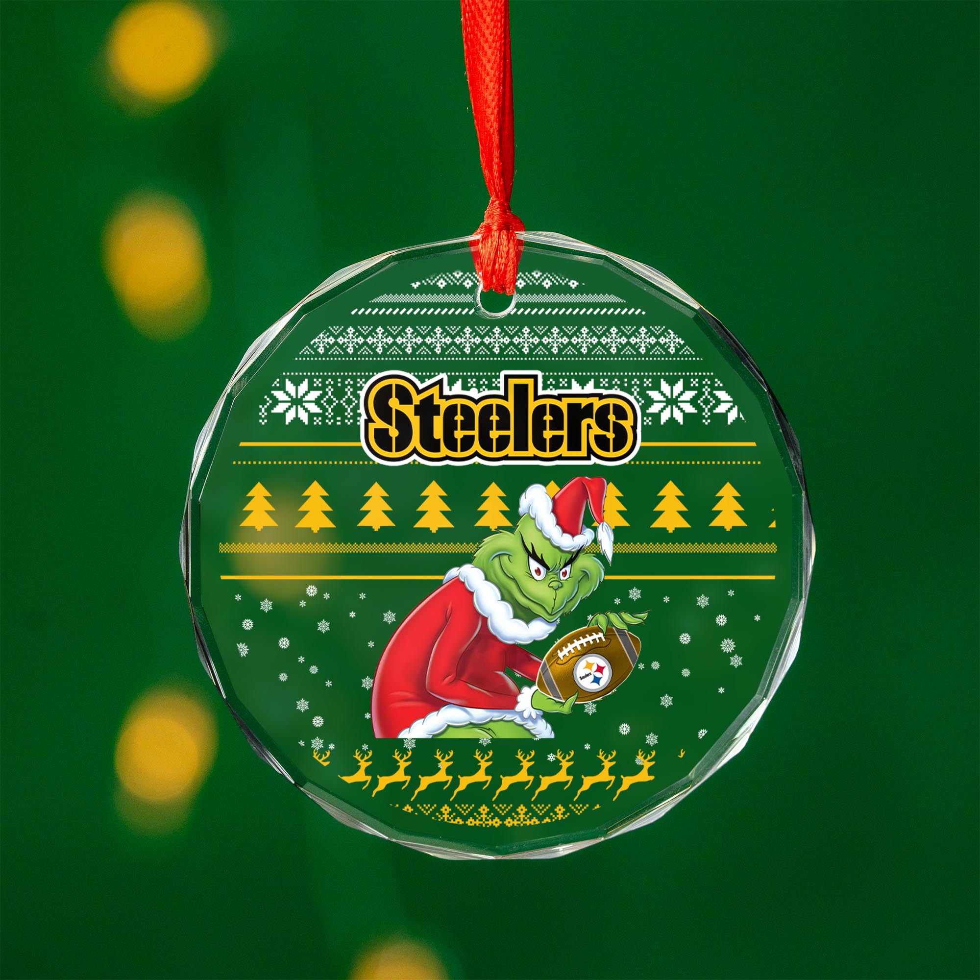 Sportswearmerch Pittsburgh Steelers NFL x Grinch Christmas Glass Ornament For Fans