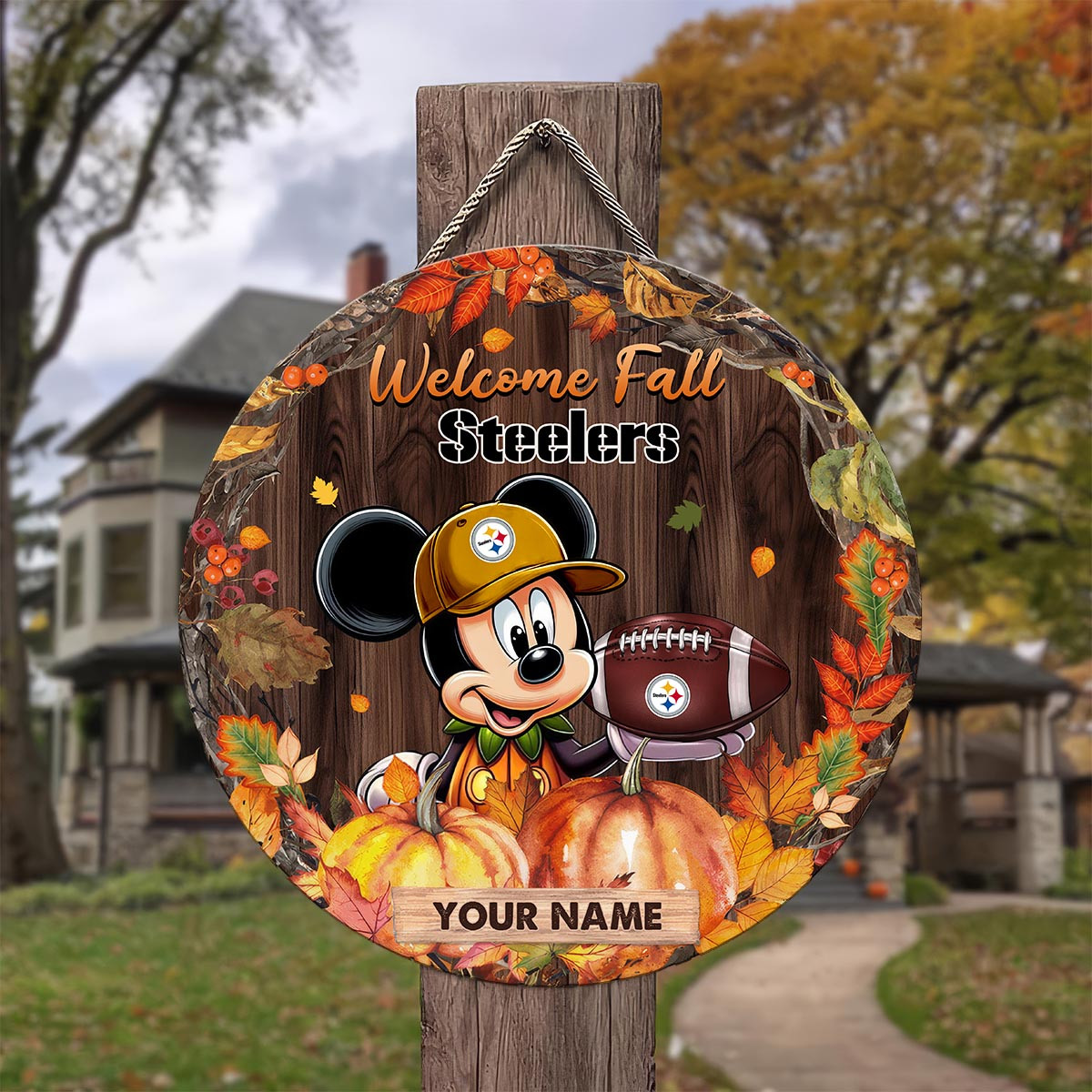 Sportswearmerch Pittsburgh Steelers NFL x Mickey Round Wooden Sign For Fan