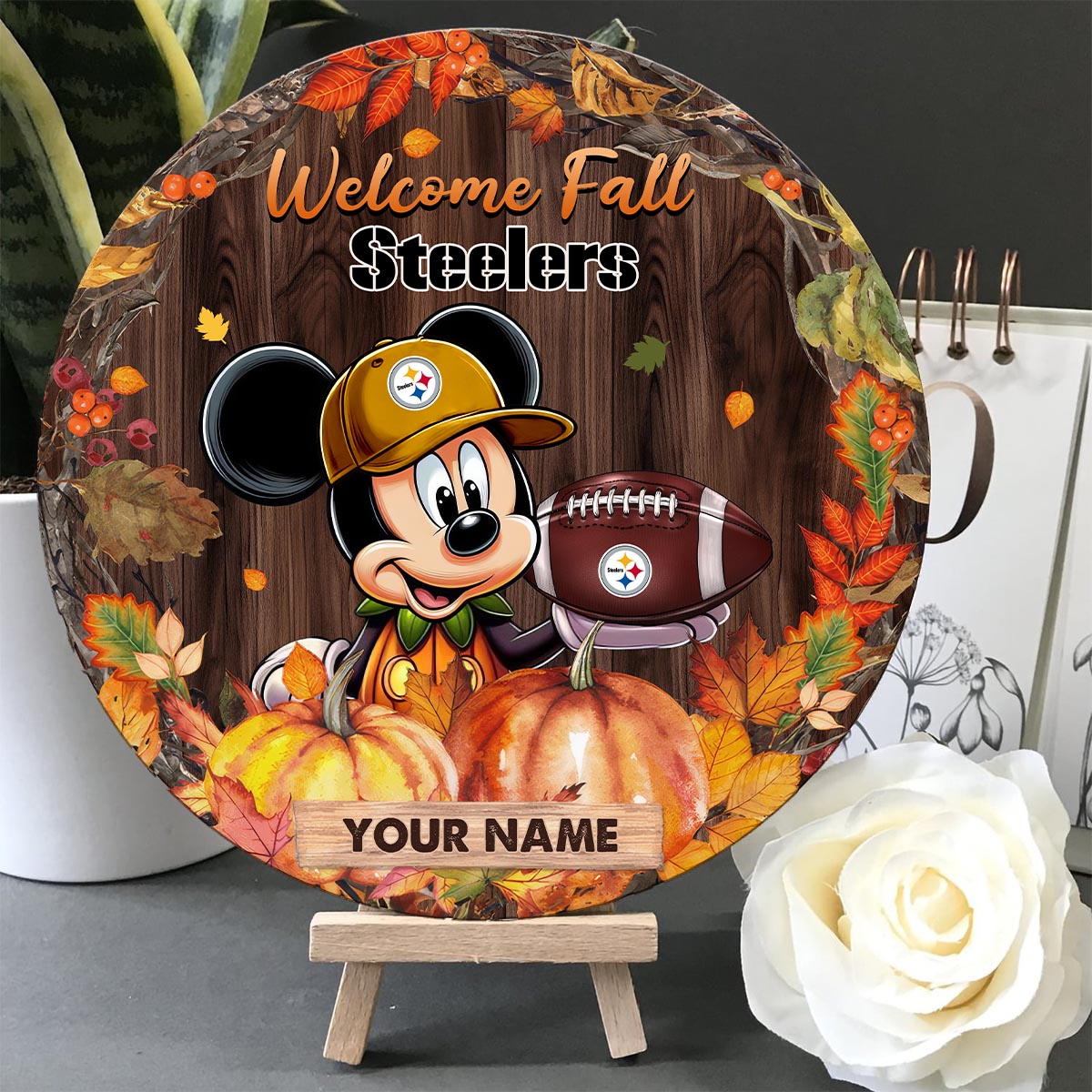 Sportswearmerch Pittsburgh Steelers NFL x Mickey Round Wooden Sign For Fan