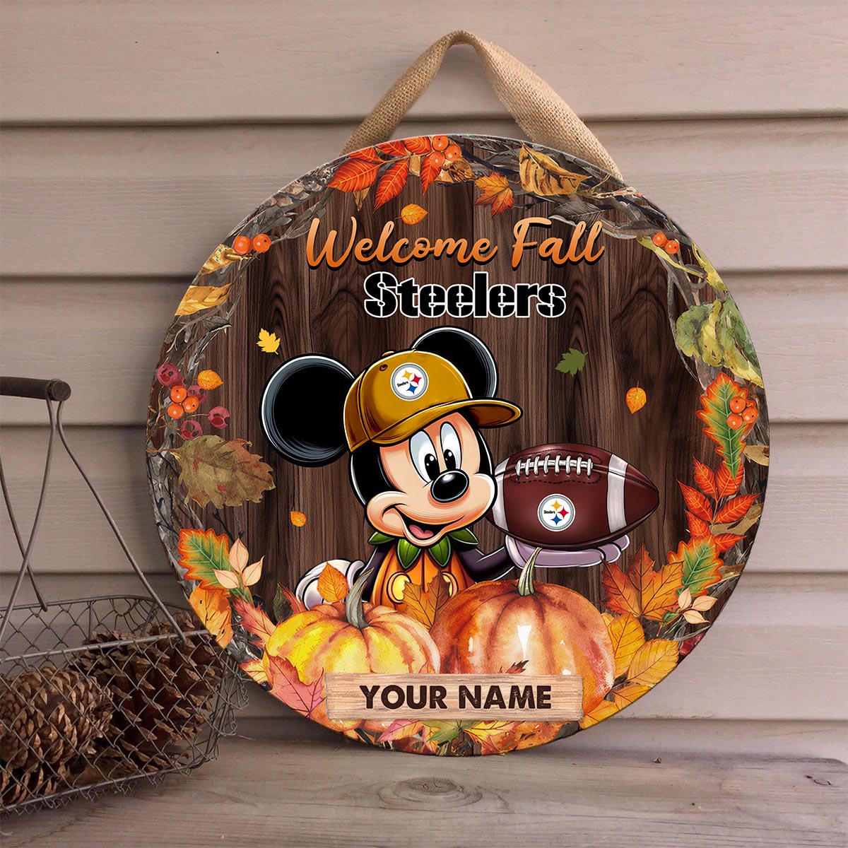 Sportswearmerch Pittsburgh Steelers NFL x Mickey Round Wooden Sign For Fan