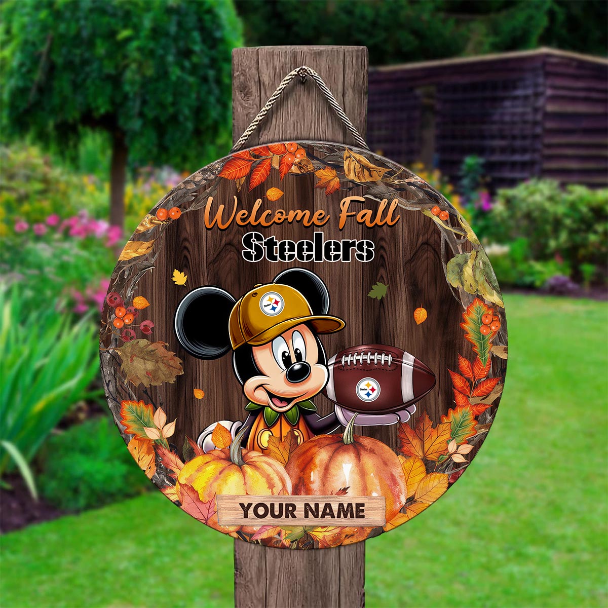 Sportswearmerch Pittsburgh Steelers NFL x Mickey Round Wooden Sign For Fan