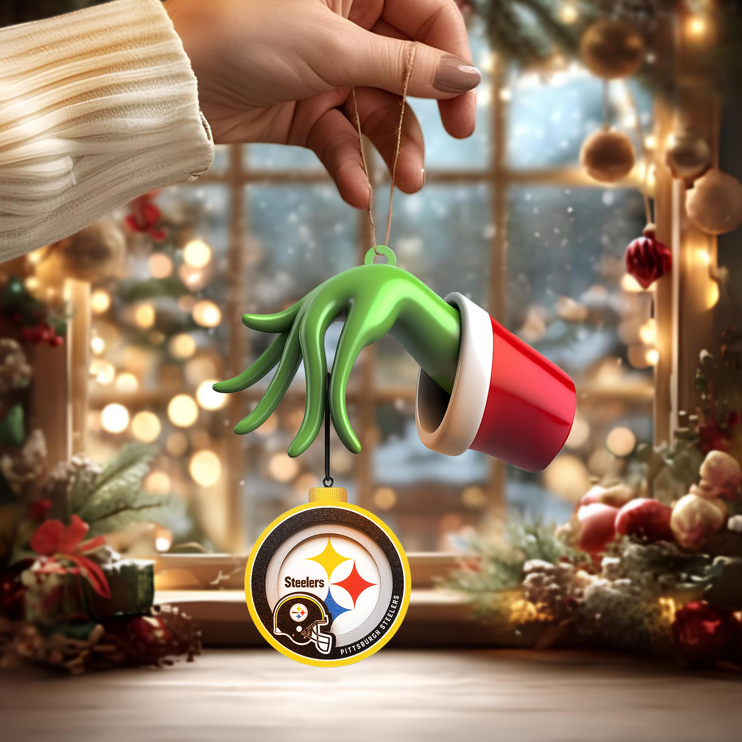 Sportswearmerch Pittsburgh Steelers NFL x The Grinch Christmas Acrylic Mix Wooden Ornament Gift For Fans