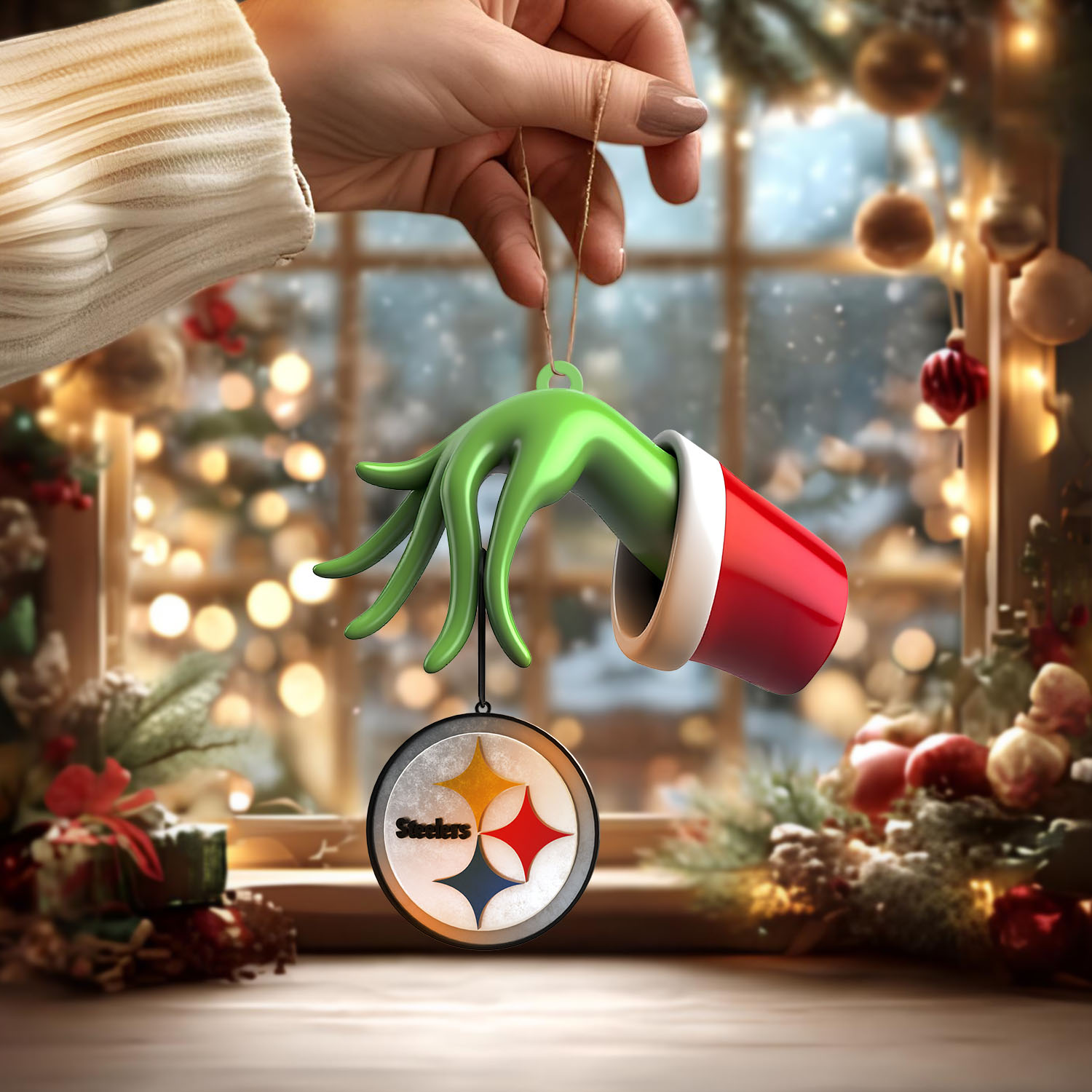 Sportswearmerch Pittsburgh Steelers NFL x The Grinch Christmas Acrylic Mix Wooden Ornament Gift For Fans