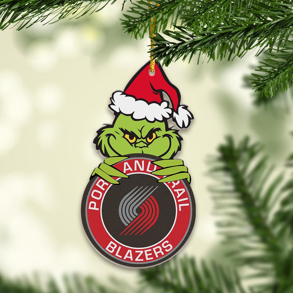 Sportswearmerch Portland Trail Blazers NBA x Grinch Christmas Acrylic Ornament For Fans