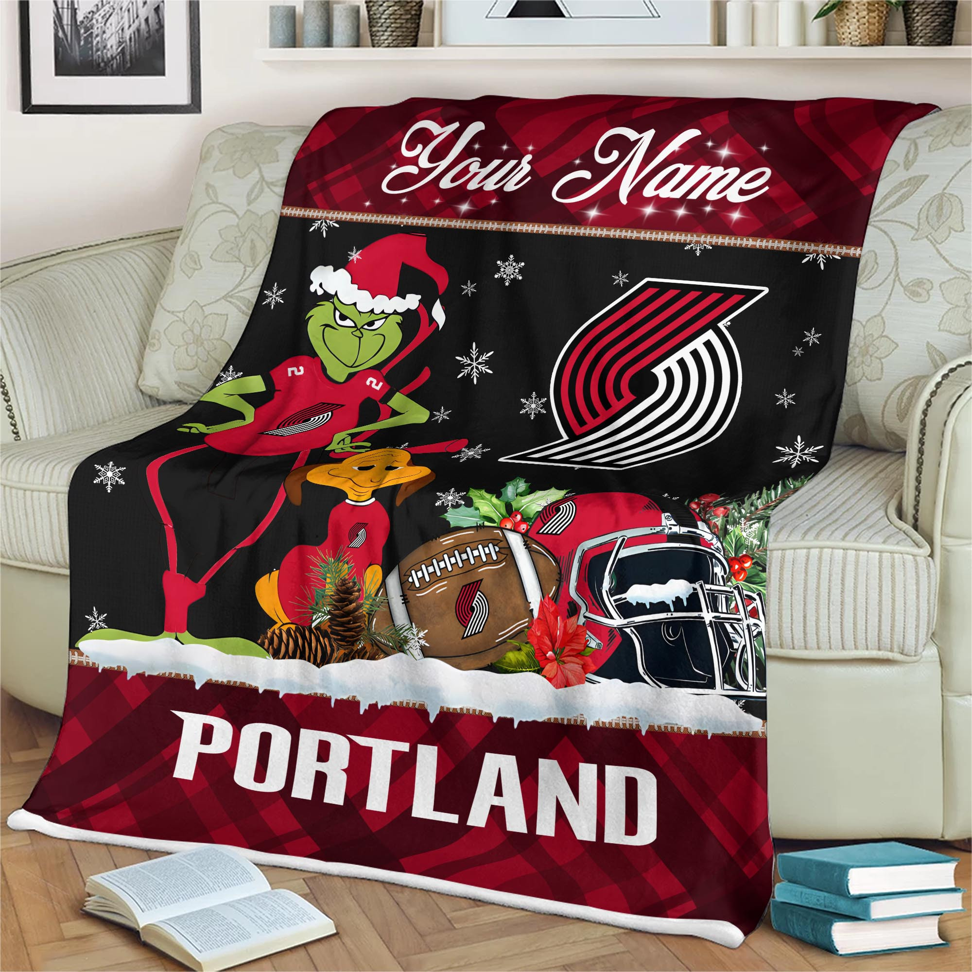 Sportswearmerch Portland Trail Blazers NBA x Grinch Christmas Fleece Blanket For Fan