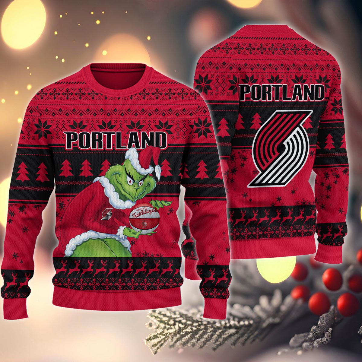 Sportswearmerch Portland Trail Blazers NBA x Grinch Christmas Ugly Sweater For Fans