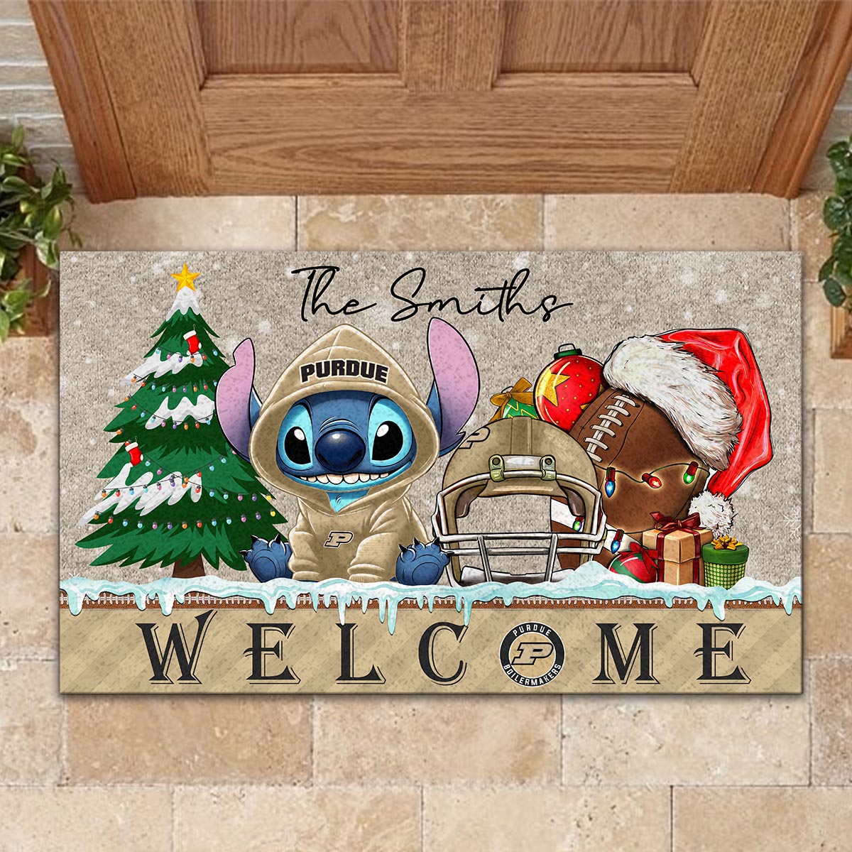 Sportswearmerch Purdue Boilermakers NCAA x Cute Stitch Christmas Doormat For Fan