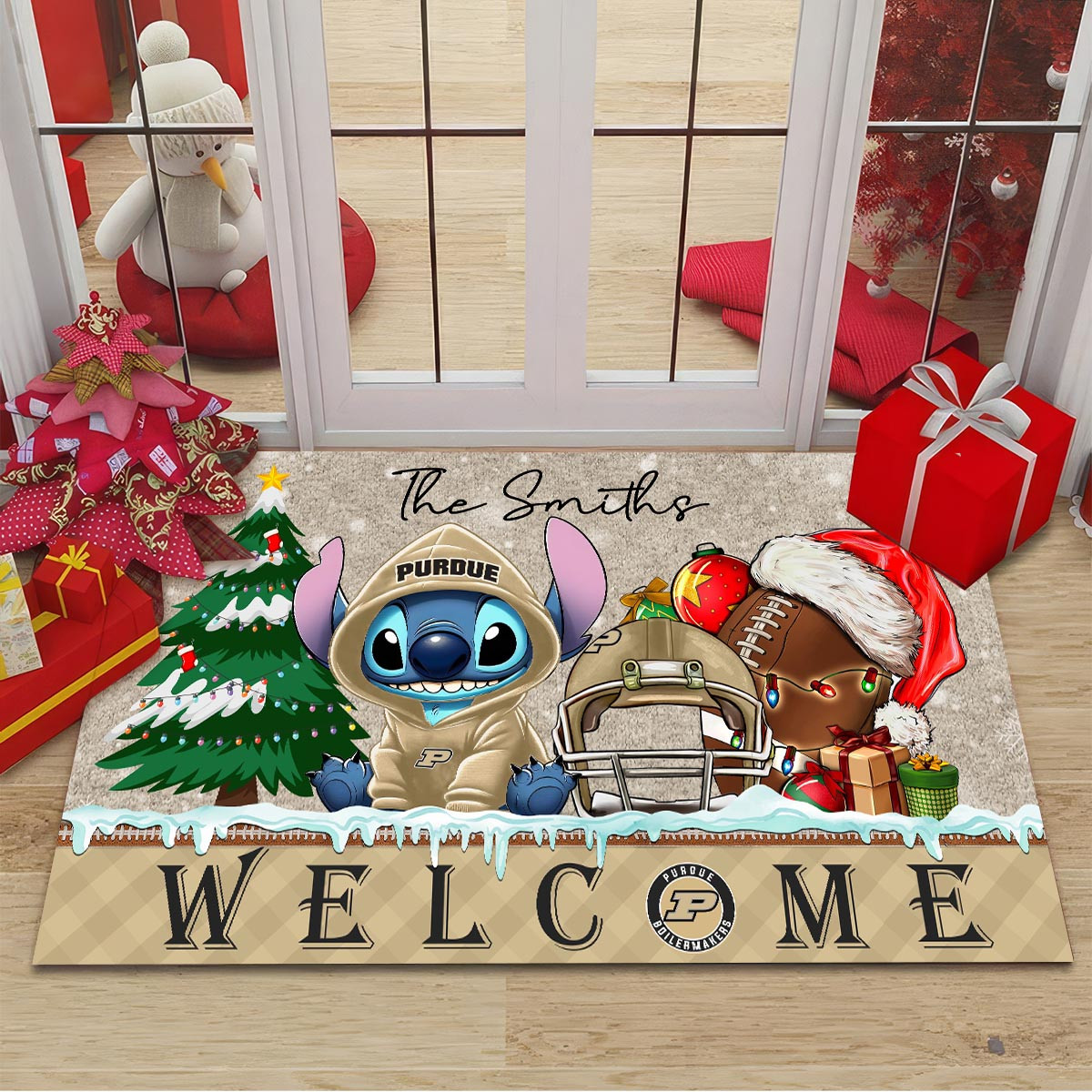 Sportswearmerch Purdue Boilermakers NCAA x Cute Stitch Christmas Doormat For Fan