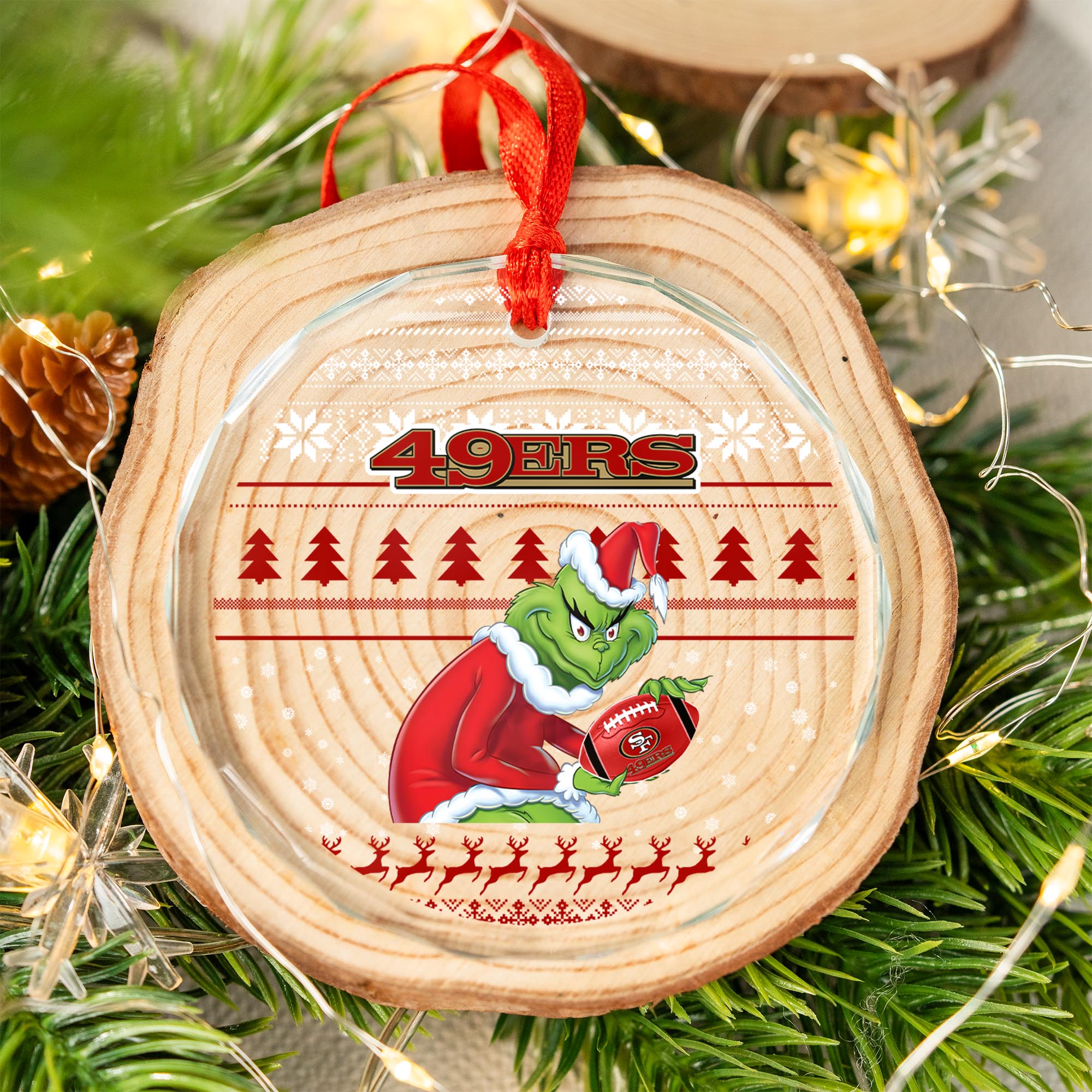 Sportswearmerch San Francisco 49ers NFL x Grinch Christmas Glass Ornament For Fans