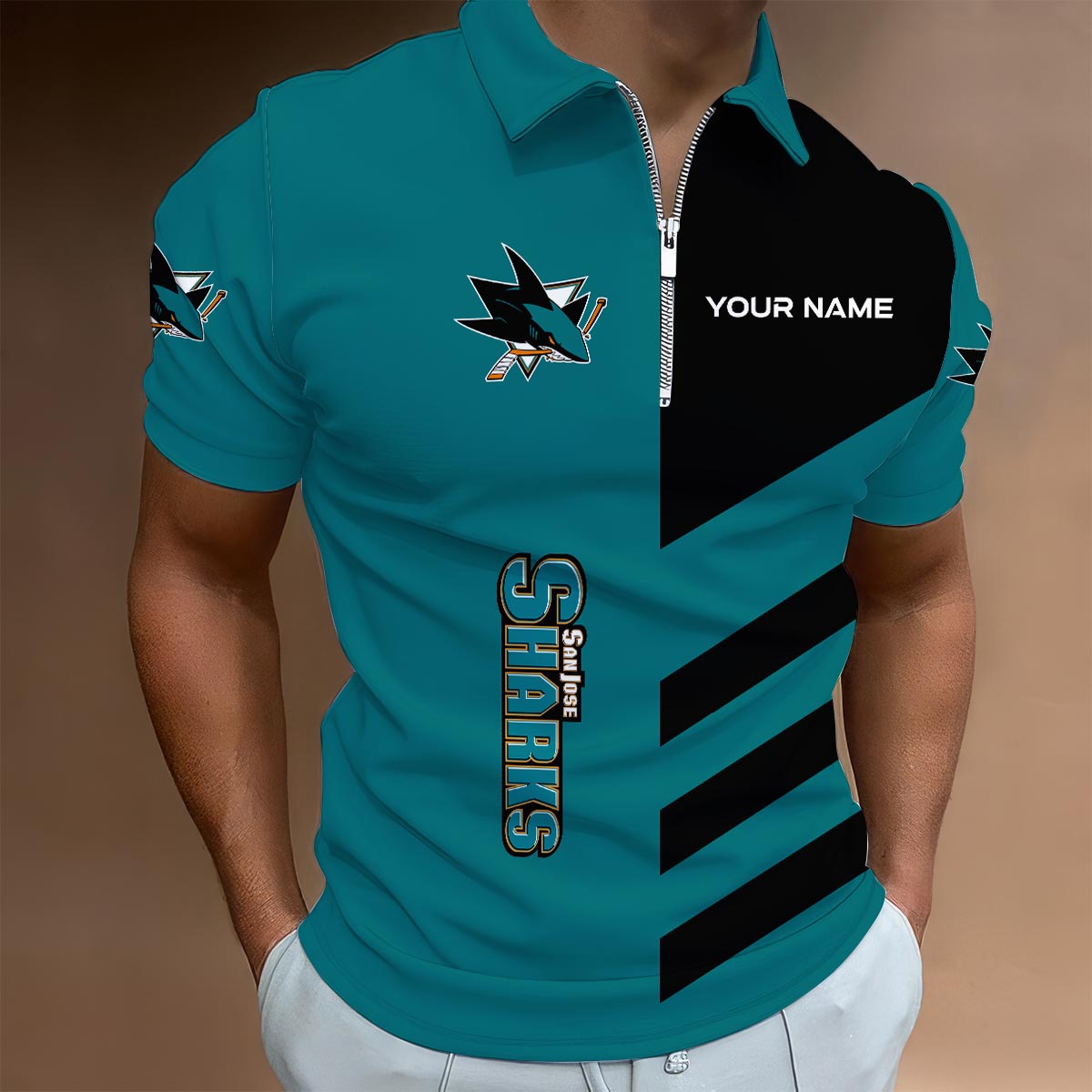 Sportswearmerch San Jose Sharks NHL Lapel Zip Polo Shirt For Fan