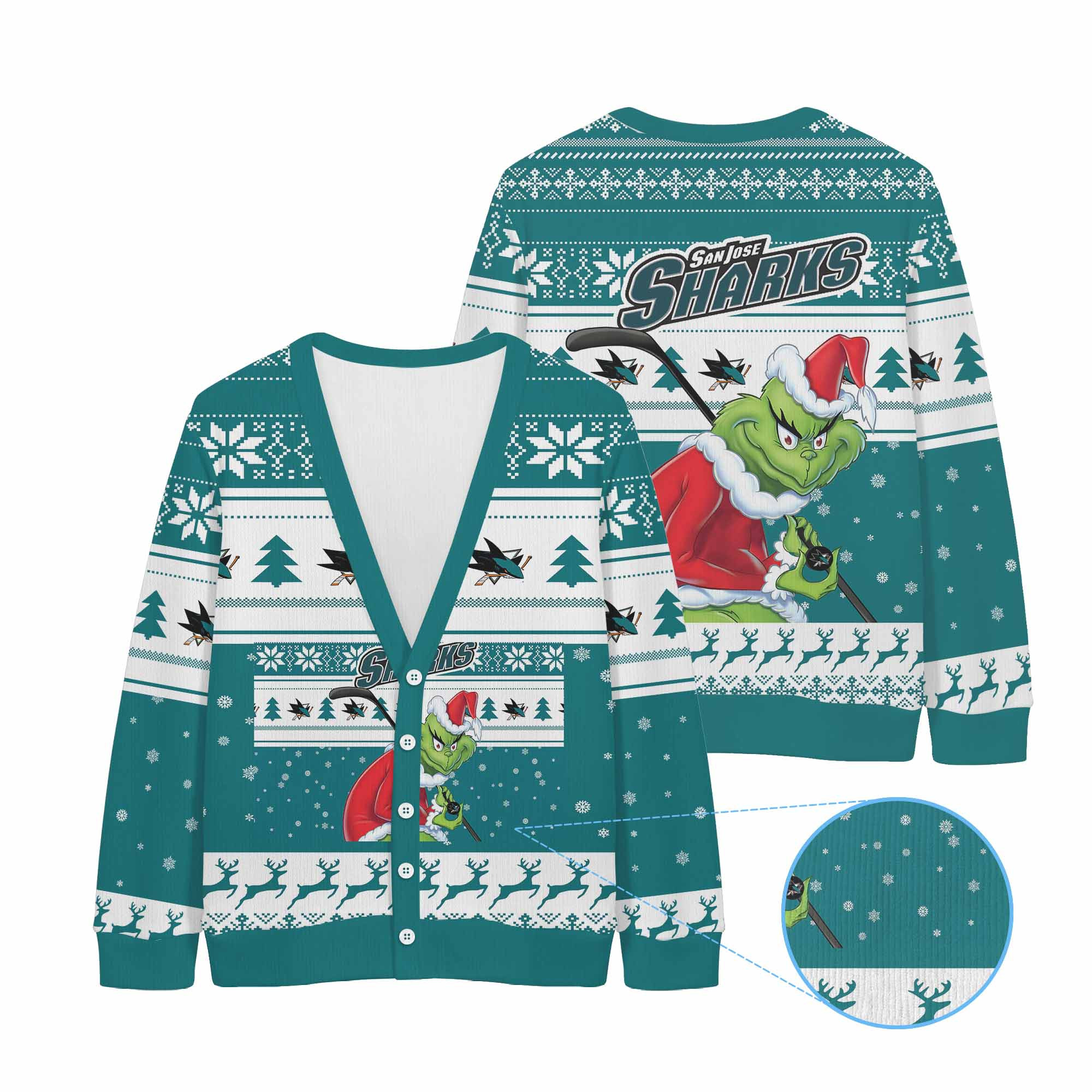 Sportswearmerch San Jose Sharks NHL x Grinch Christmas Cardigan For Fan