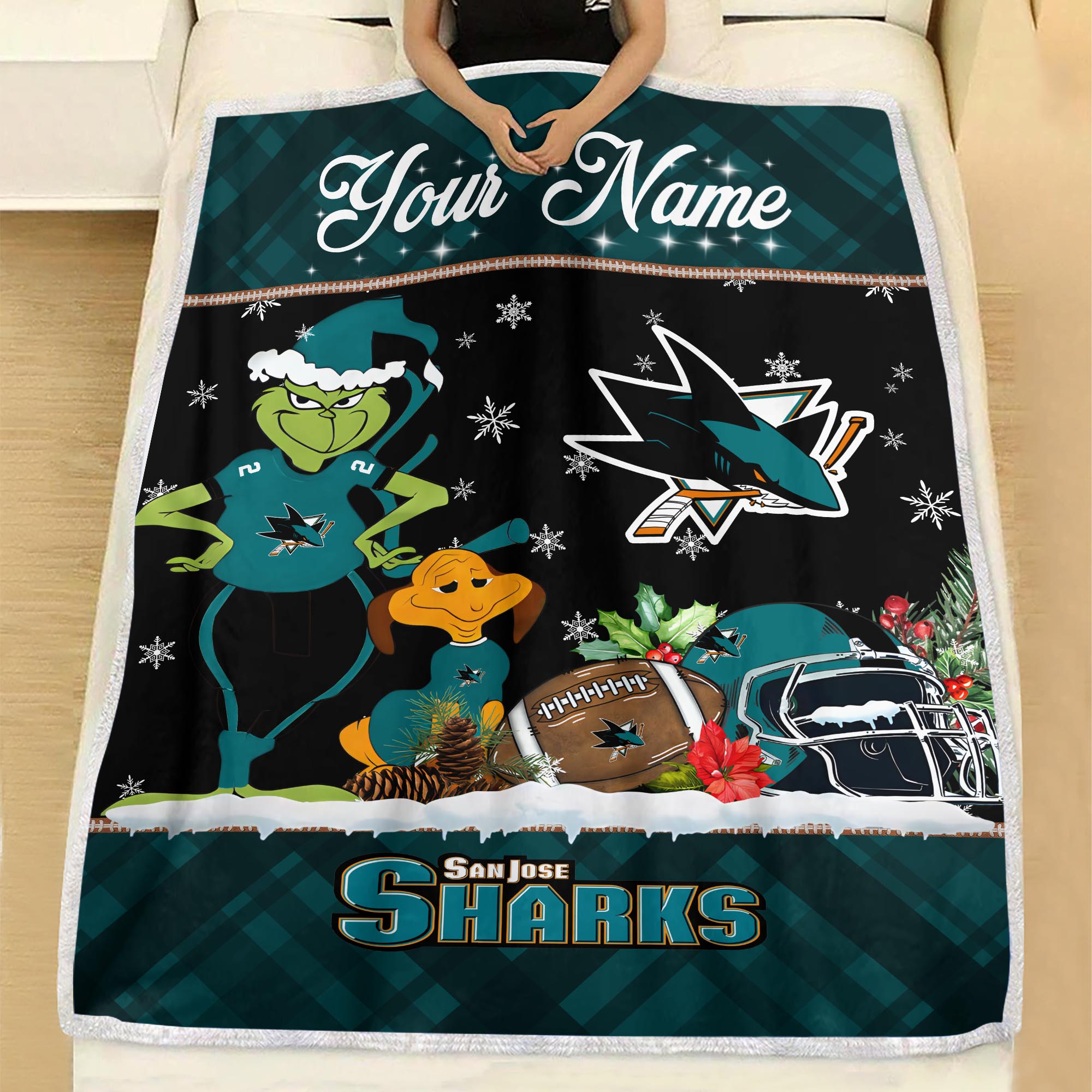 Sportswearmerch San Jose Sharks NHL x Grinch Christmas Fleece Blanket For Fan