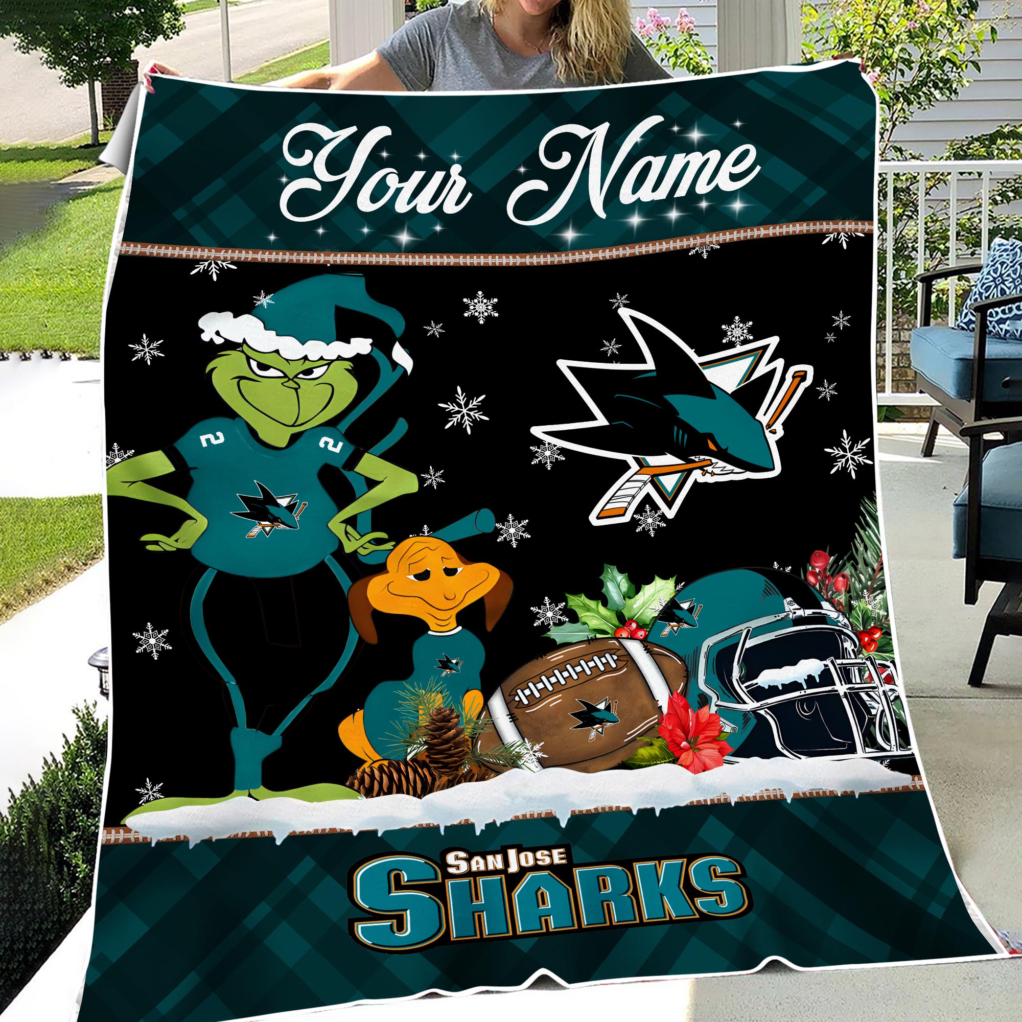 Sportswearmerch San Jose Sharks NHL x Grinch Christmas Fleece Blanket For Fan