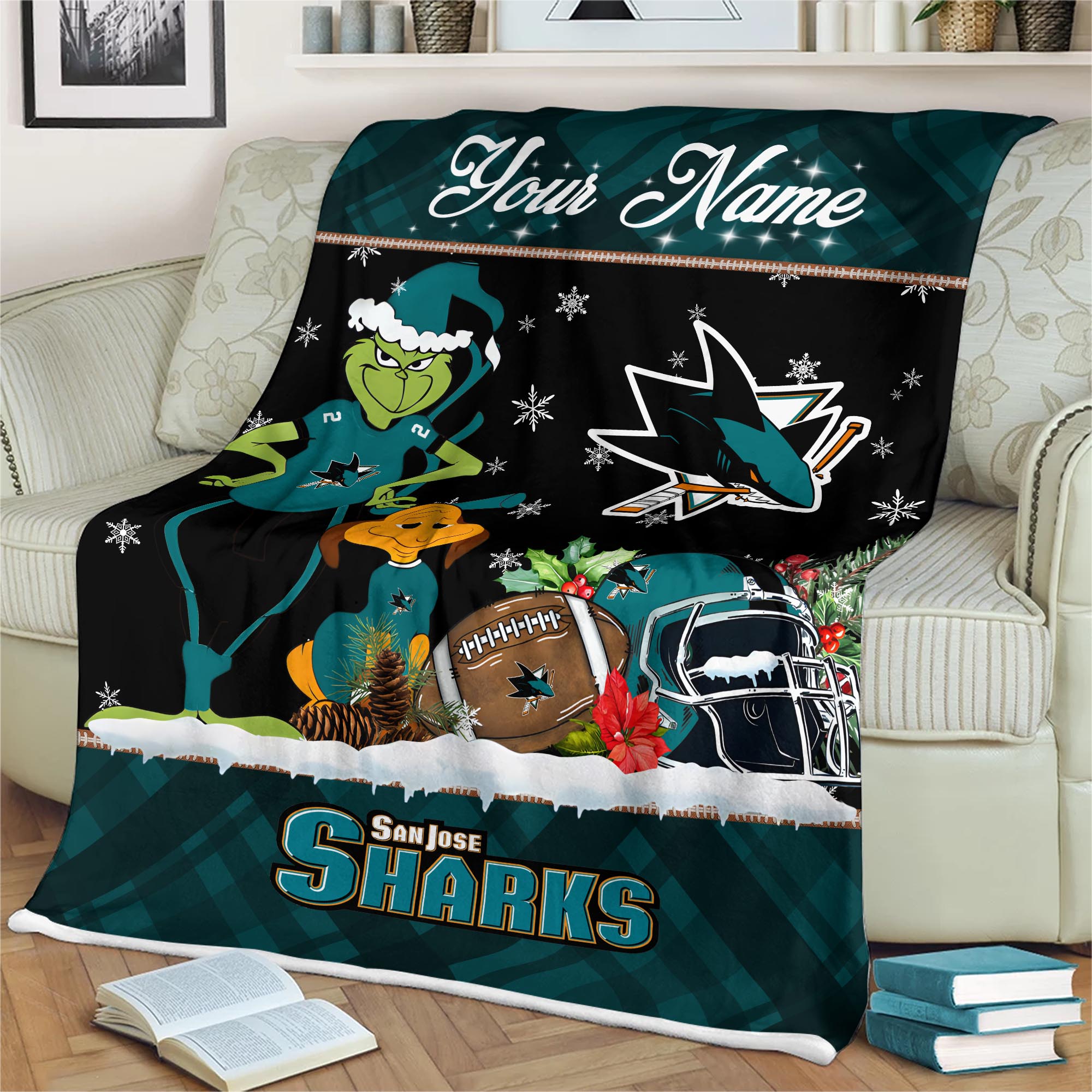 Sportswearmerch San Jose Sharks NHL x Grinch Christmas Fleece Blanket For Fan