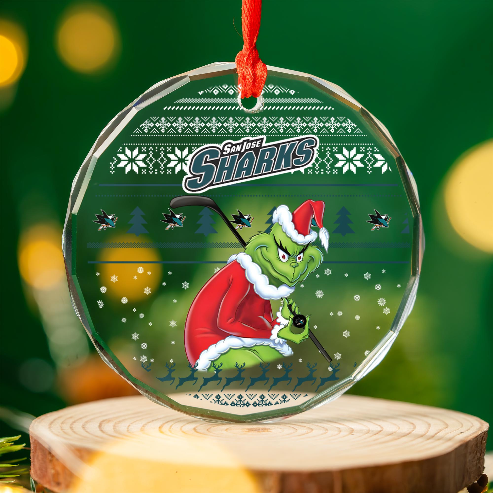 Sportswearmerch San Jose Sharks NHL x Grinch Christmas Glass Ornament For Fans
