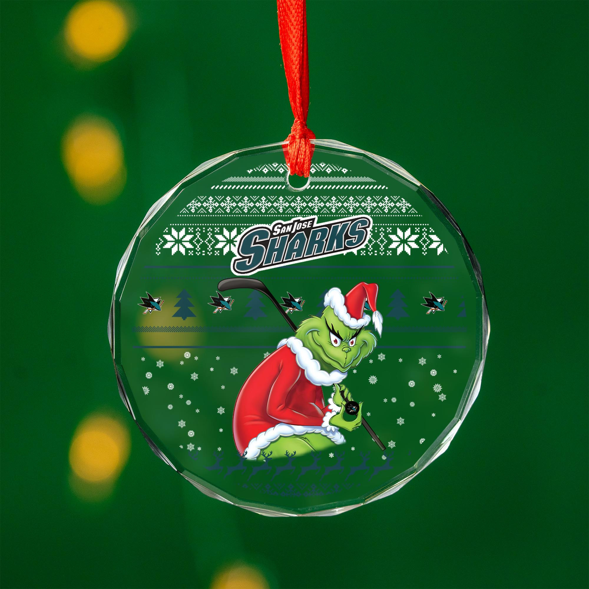 Sportswearmerch San Jose Sharks NHL x Grinch Christmas Glass Ornament For Fans