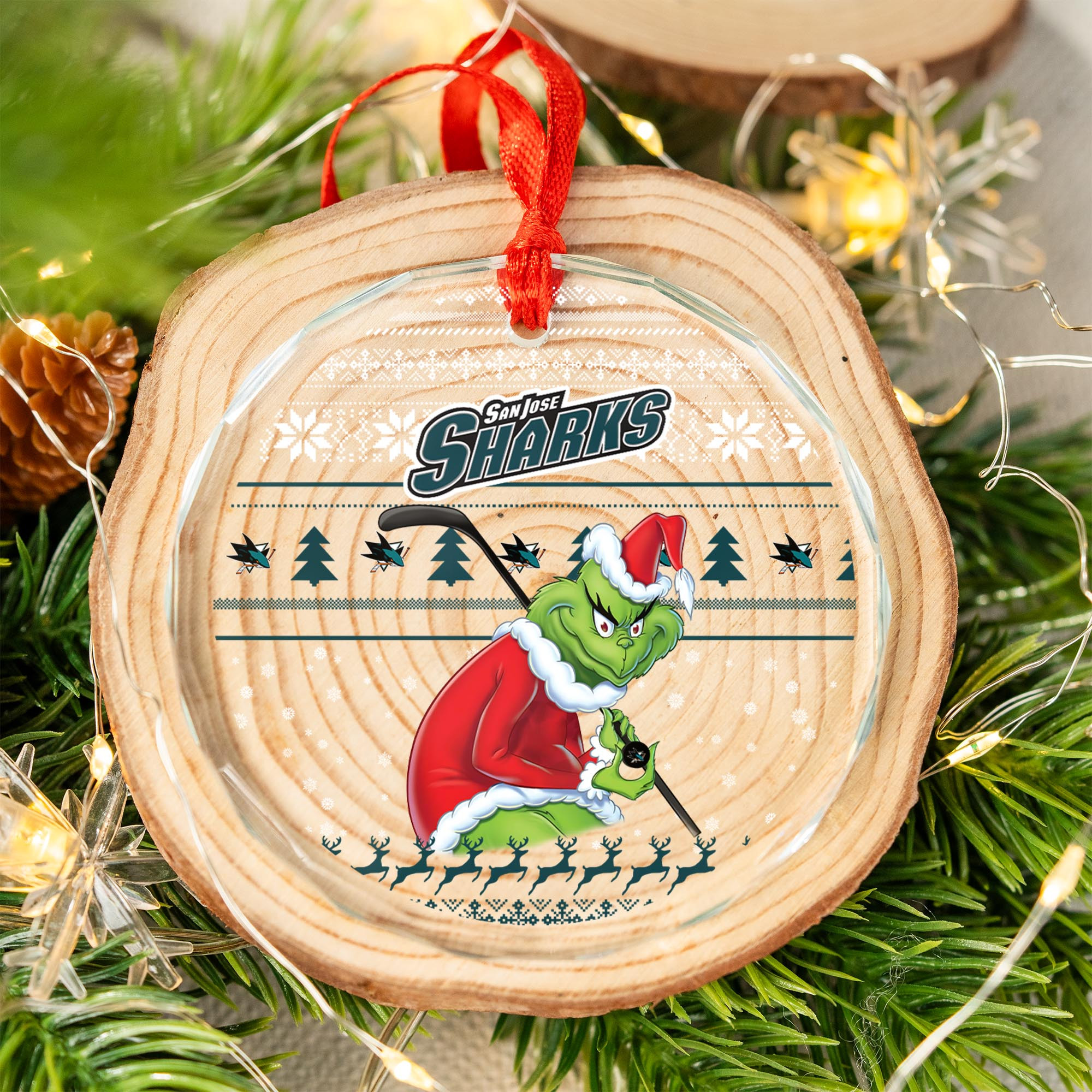 Sportswearmerch San Jose Sharks NHL x Grinch Christmas Glass Ornament For Fans