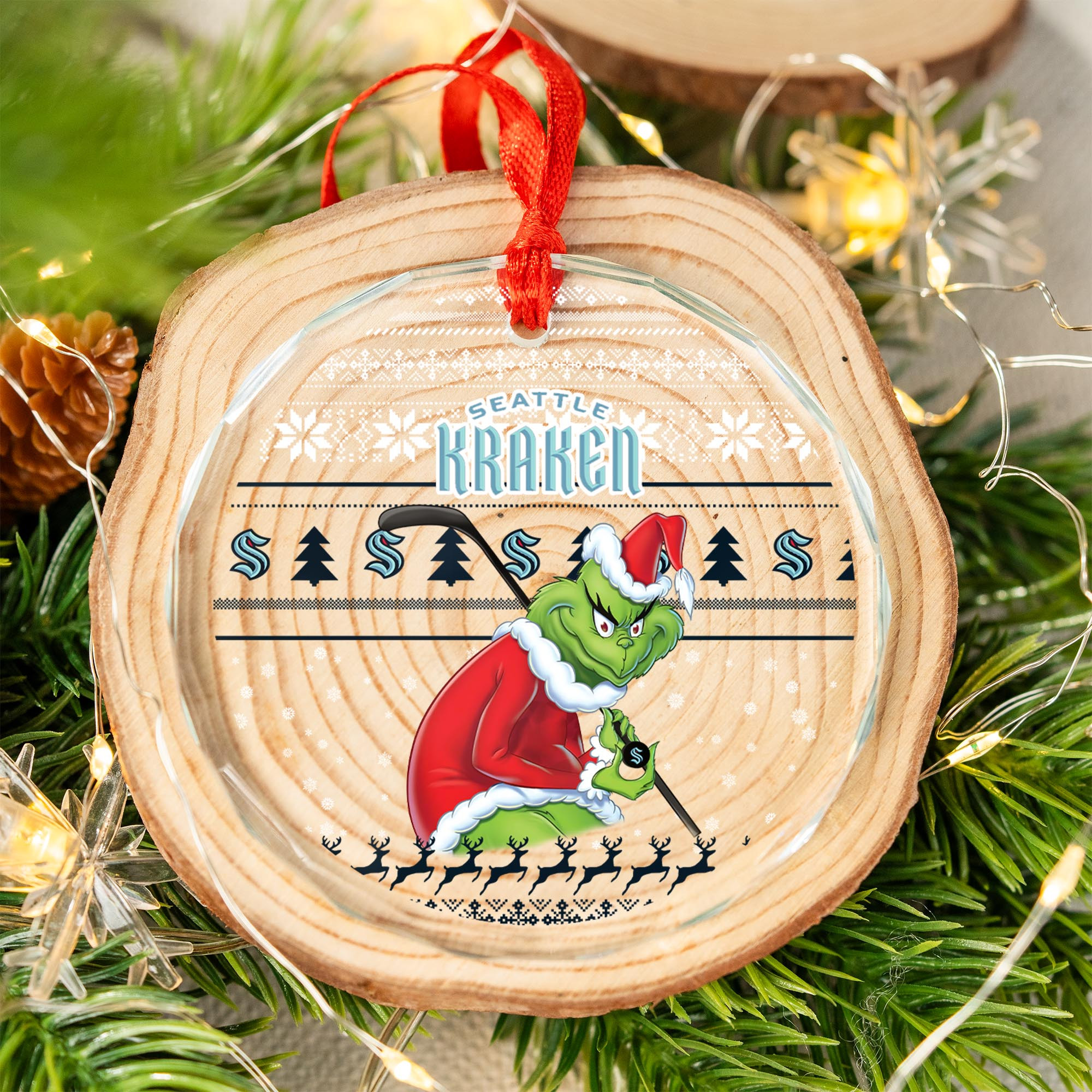 Sportswearmerch Seattle Kraken NHL x Grinch Christmas Glass Ornament For Fans