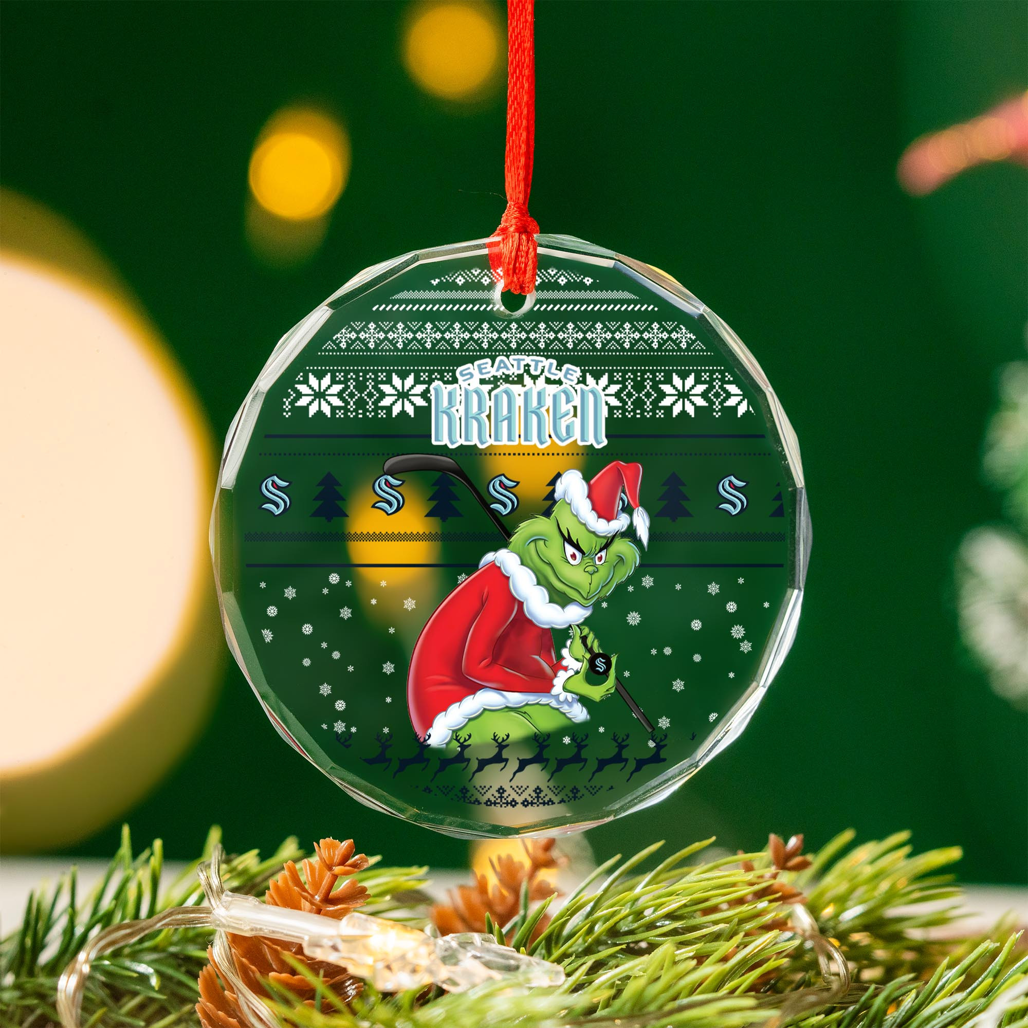 Sportswearmerch Seattle Kraken NHL x Grinch Christmas Glass Ornament For Fans